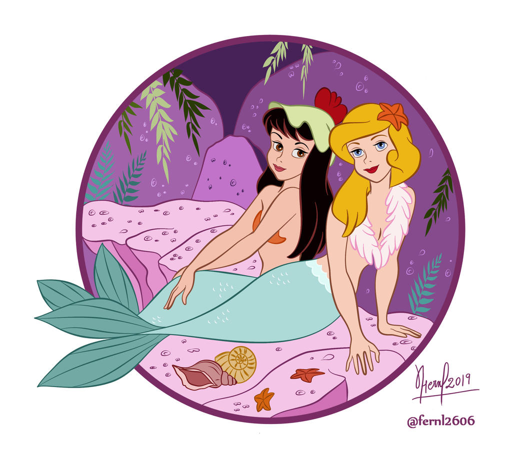 2_mermaids 2girls arika_(peter_pan) black_hair blonde_hair blue_eyes blue_tail breasts disney female female_only hair jpeg long_hair mermaid mermaid_girl mermaid_only mermaid_position mermaid_tail nipples penelope_(peter_pan) peter_pan peter_pan_(disney) scales signature topless