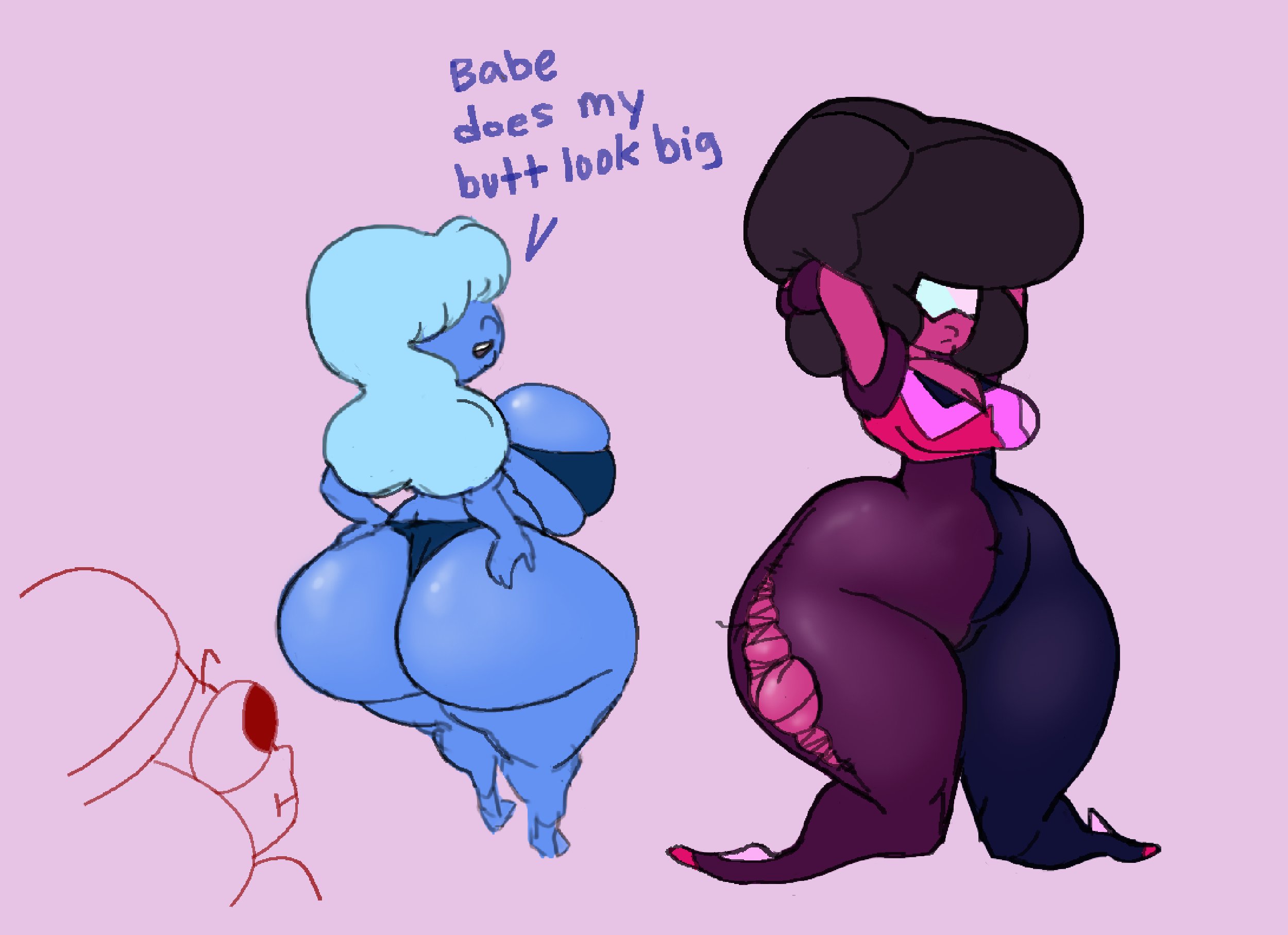 2d, ass, bangs over eyes, big ass, big breasts, bikini, black hair, blue hair, blue skin, blue-skinned female, breasts, chompsky, dialogue, eyes bugging out, female, garnet (steven universe), gem (species), looking back, purple skin, ripped clothing, ruby (steven universe), sapphire (steven universe), steven universe, sunglasses, tight clothing