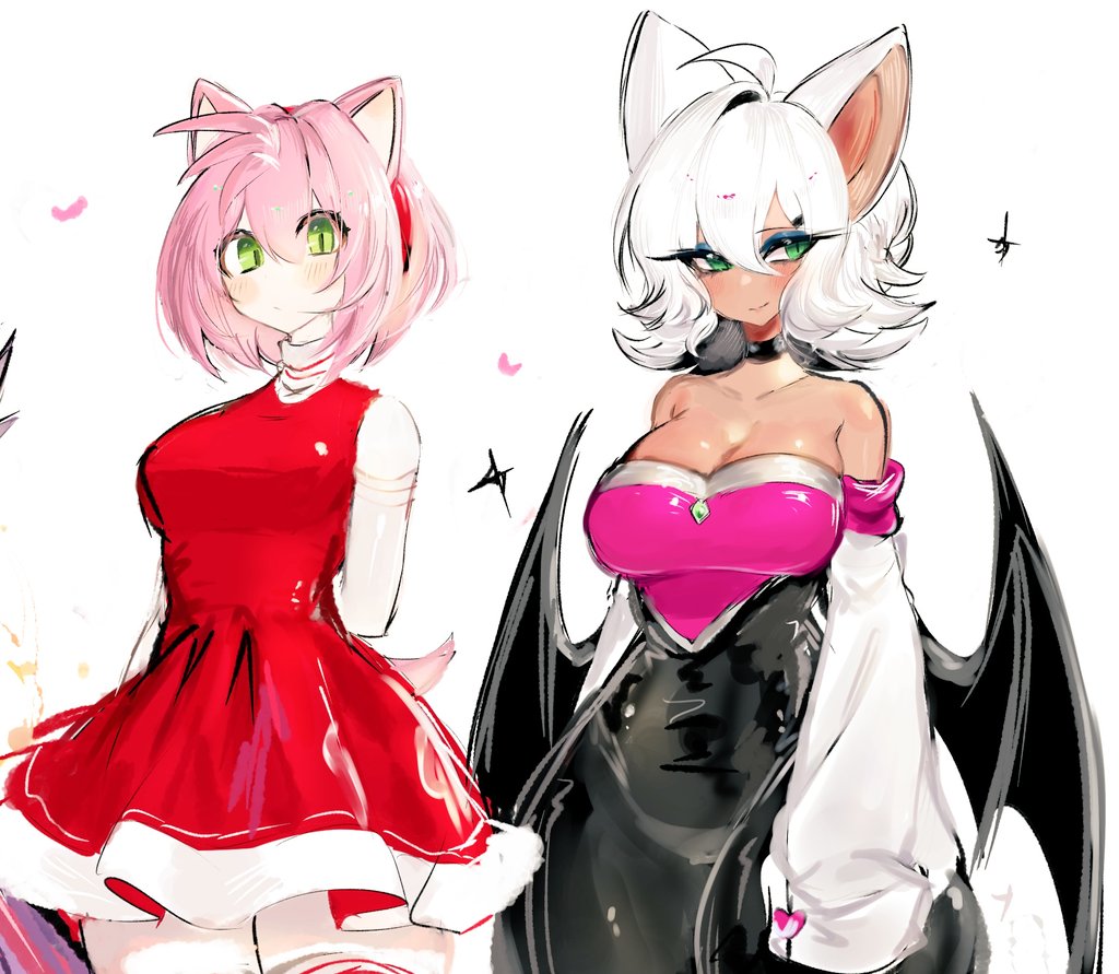 2girls, ahoge, amy rose, animal ears, big breasts, blush, breasts, choker, cleavage, female, green eyes, headband, human amy rose, human rouge, humanized, large breasts, pink hair, rouge the bat, sega, short hair, skirt, sonic (series), tail, thick thighs, thighhighs, usa37107692, white background, white hair, wide hips, wings