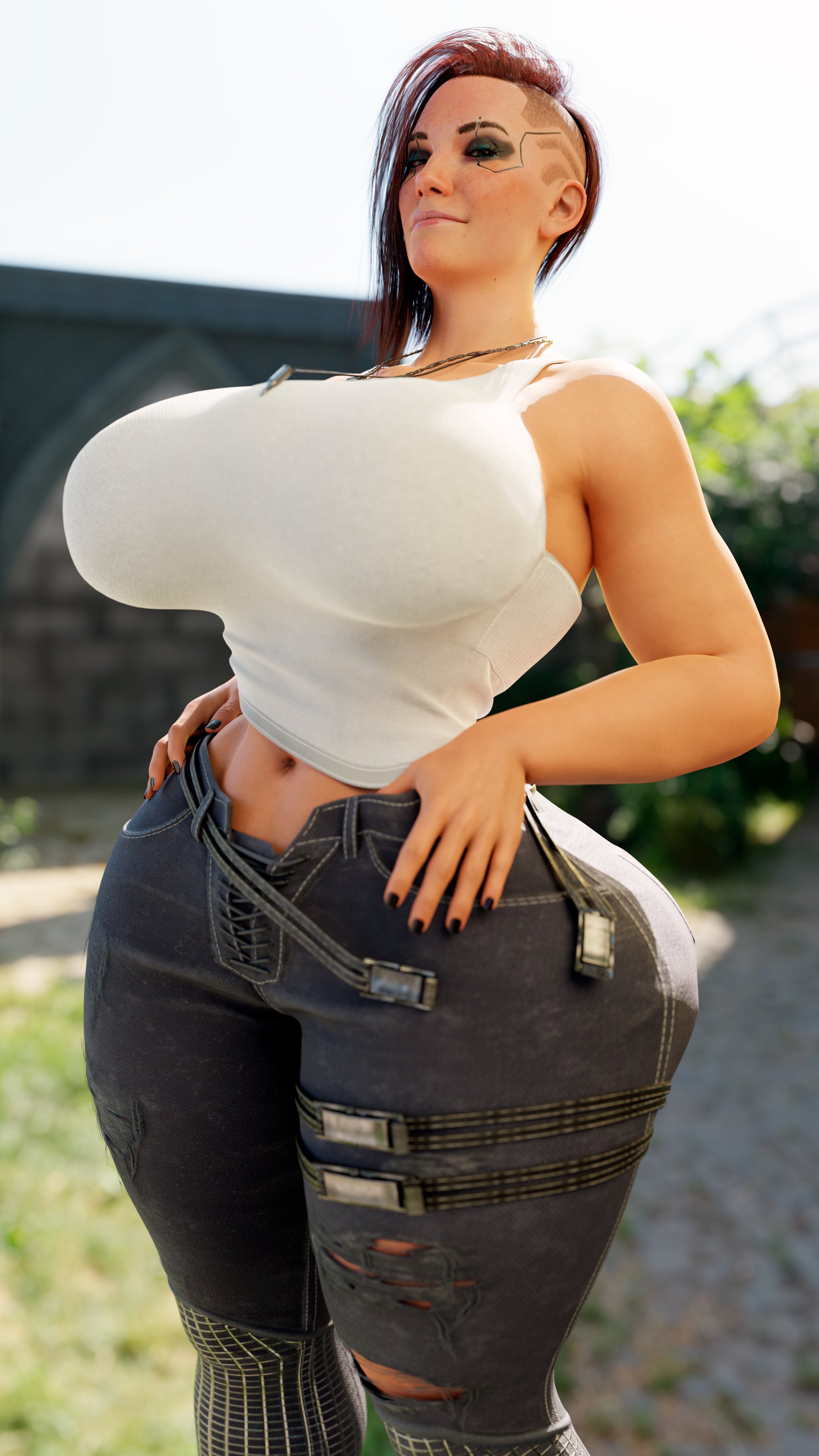 3d, 3d (artwork), big breasts, breasts, cyberpunk 2077, female, huge breasts, large breasts, tank top, v (cyberpunk 2077), valerie (cyberpunk 2077), vorhauzen1, wide hips