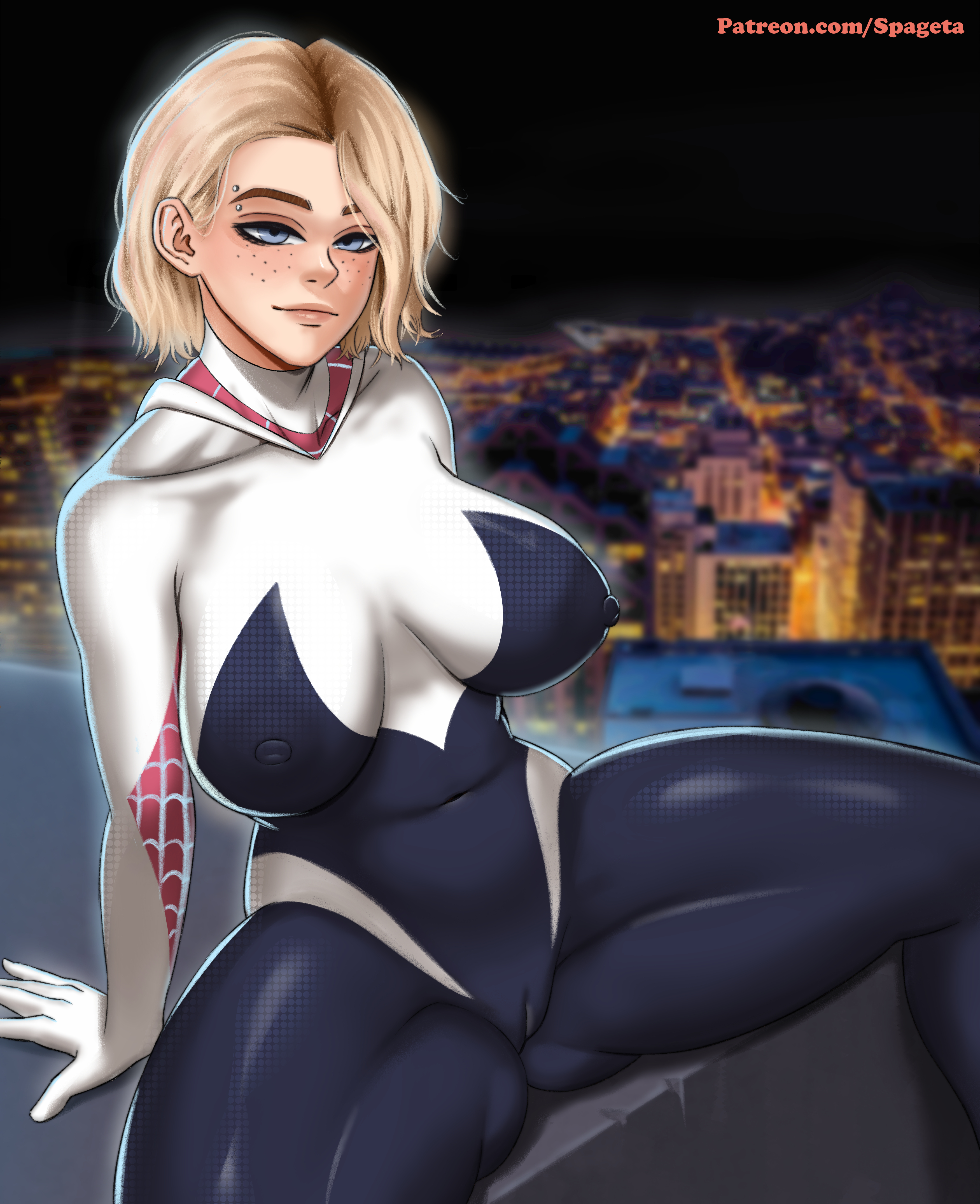 1girls, alternate breast size, ass, big ass, big breasts, blonde hair, bodysuit, breasts, cameltoe, eyebrow piercing, female, female only, freckles, gwen stacy, looking at viewer, marvel, marvel comics, night, nipple bulge, piercing, pussy, short hair, sitting, skin tight, smile, solo, spageta, spider-gwen, spider-man (series), spider-man: into the spider-verse, spread legs, thick thighs
