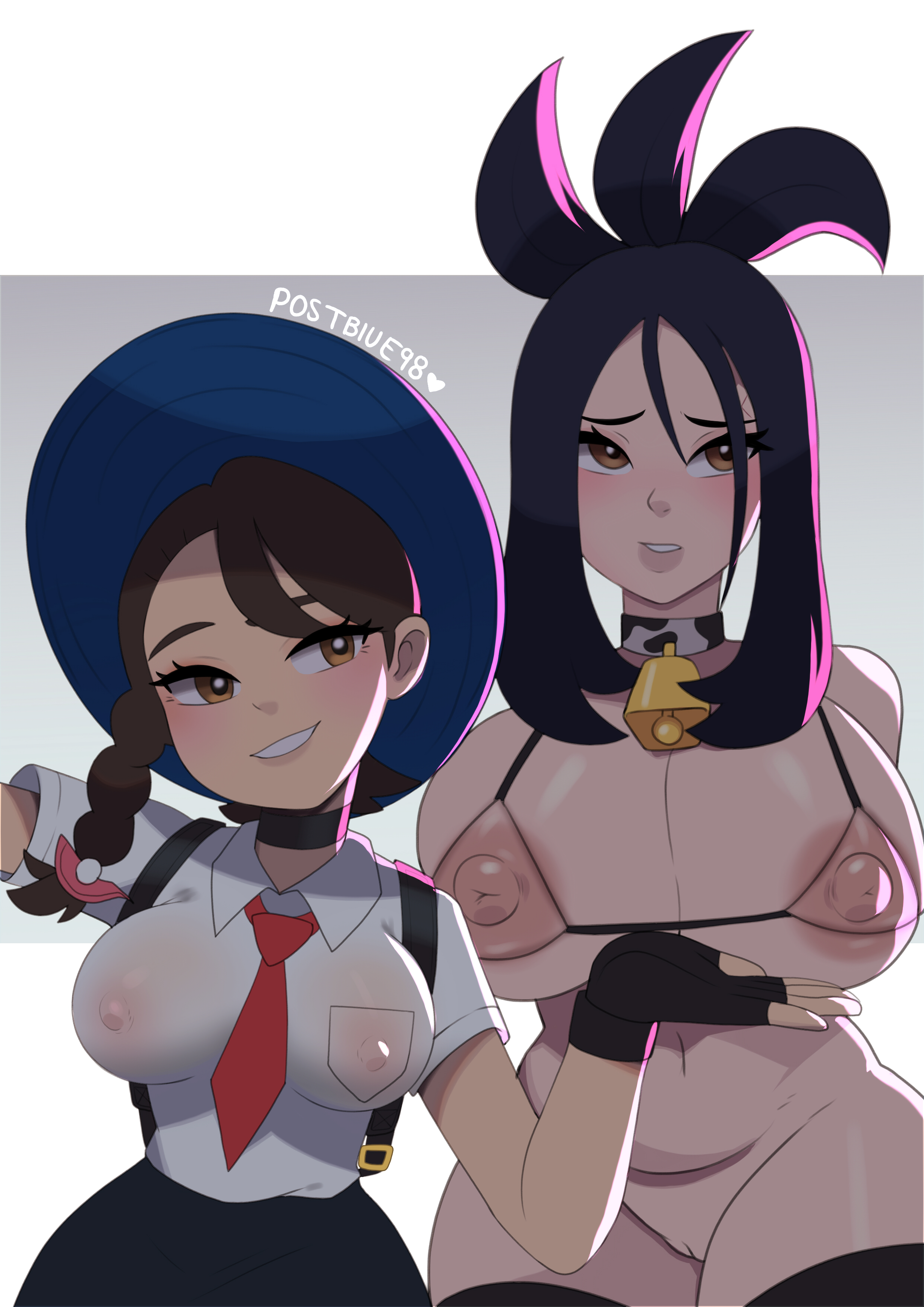 2girls, areolae, bell, big breasts, black hair, braided hair, breasts, cow bell, cow print, cowbell, dendra (pokemon), female, female only, femdom, femsub, game freak, hat, huge breasts, juliana (pokemon), legwear, lezdom, multiple females, multiple girls, nintendo, nipple bulge, nipples, nipples visible through clothing, pokemon, pokemon sv, postblue98, pussy, size difference, small dom big sub, smile, teacher, thick thighs, thighhighs, thighs, twin braids, wide hips, yuri