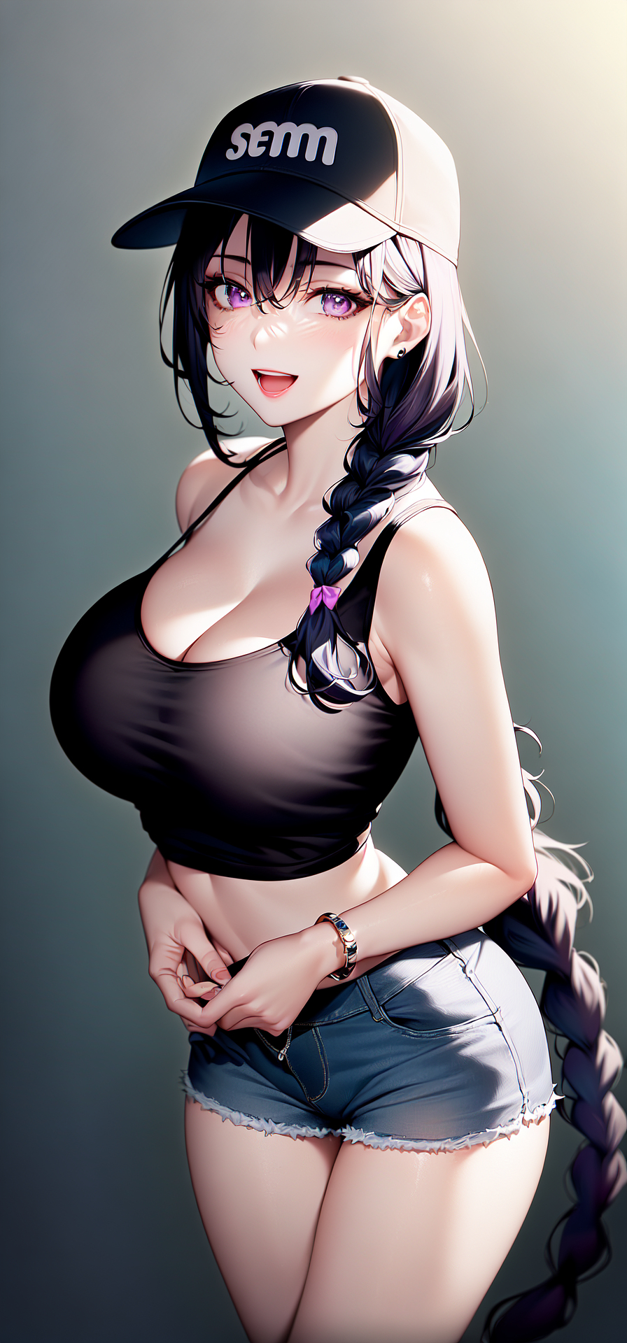 2023, ai generated, black shirt, cleavage, curvy female, curvy figure, denim skirt, female, female focus, female only, genshin impact, high resolution, looking at viewer, mihoyo, purple eyes, purple hair, raiden shogun, stable diffusion, voluptuous female