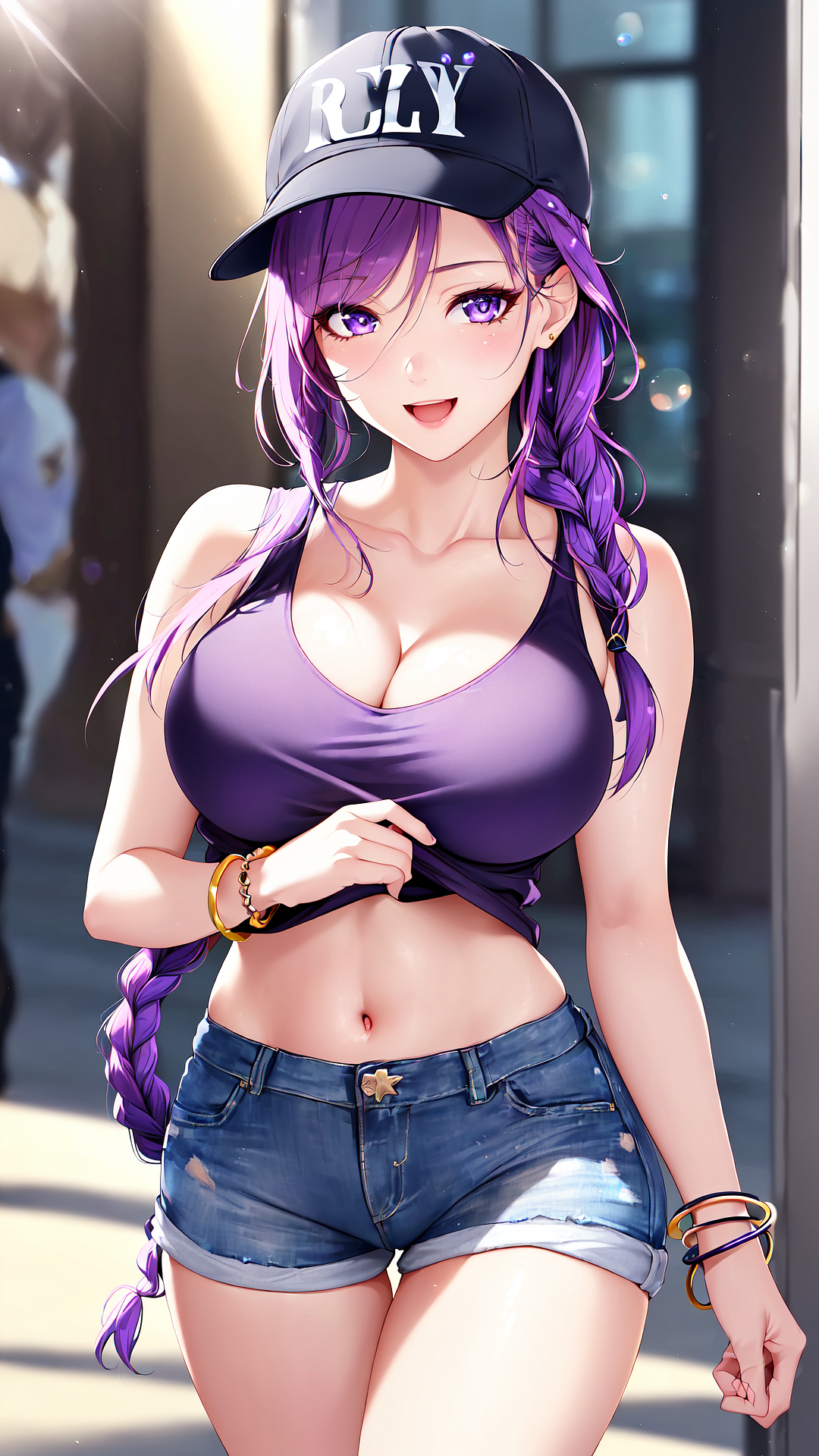2023, ai generated, belly, belly button, big breasts, bracelets, breasts, cap, casual clothes, cleavage, denim shorts, earring, female, female focus, female only, genshin impact, high resolution, looking at viewer, mihoyo, navel, purple eyes, purple hair, purple topwear, raiden shogun, seductive look, shorts, smile, smiling, smiling at viewer, stable diffusion, voluptuous female
