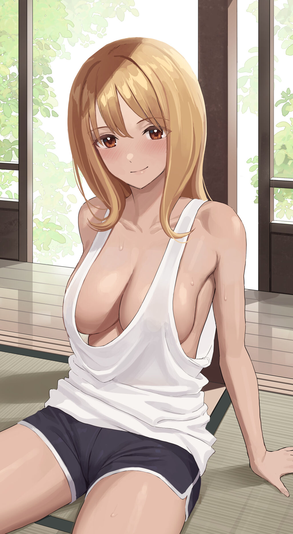 1girls big_breasts blonde_hair blush brown_eyes cameltoe cleavage gym_clothes large_breasts original original_character oversized_shirt shorts side_boob smile surumenium sweat sweatdrop tank_top