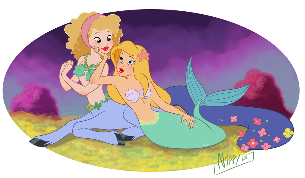 2girls alpha_channel blonde_hair blue_eyes blue_tail centaur centaur_girl centauress disney fantasia female female_focus female_only mermaid mermaid_girl mermaid_tail multiple_girls nippy13 peter_pan peter_pan_(disney) png seducing seduction seductive seductive_eyes seductive_mouth seductive_smile tail visola yuri