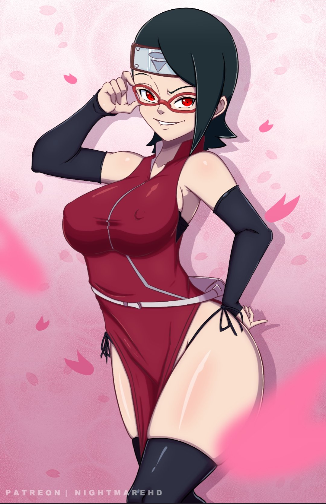 1girls, alternate breast size, biting, biting lip, blue hair, boruto: naruto next generations, breasts, erect nipples, erect nipples under clothes, female, fingerless gloves, glasses, gloves, headband, highres, large breasts, legs, looking at viewer, naruto, naruto (series), naughty face, nightmare hdraw, nipples, red eyes, sarada uchiha, sharingan, short hair, smile, solo, thick thighs, thighs, thong, voluptuous