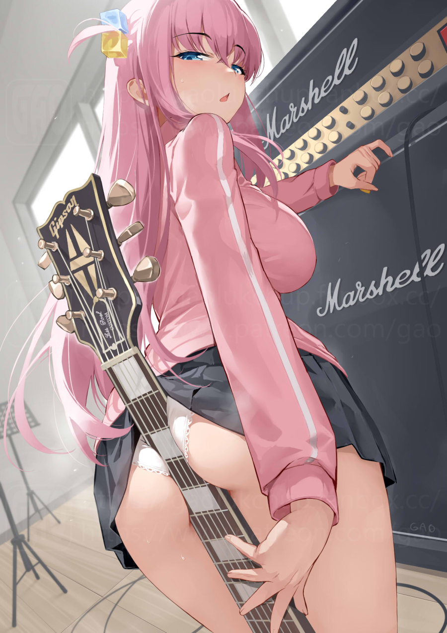 1girls ass blue_eyes bocchi_the_rock! breasts female gao-lukchup gao_(gaolukchup) gotou_hitori guitar jacket large_ass large_breasts long_hair naughty_face object_between_ass panties pink_hair skirt skirt_lift solo speaker thick_thighs thighs track_jacket white_panties