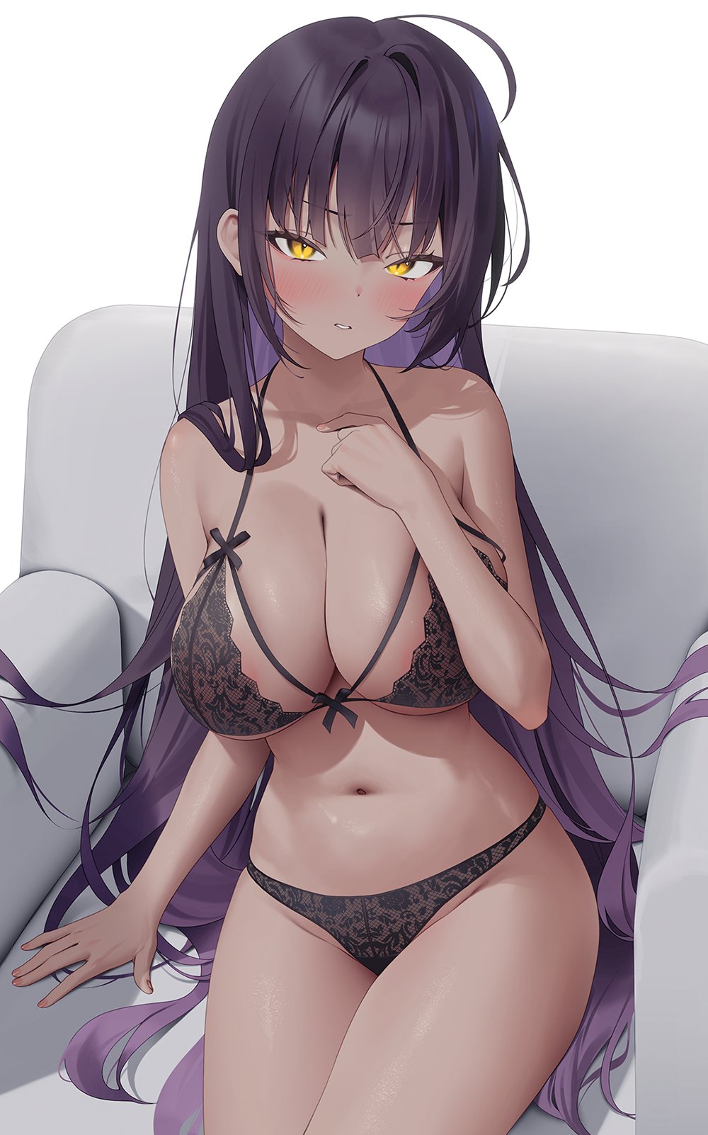 1girls, armchair, aya-lezon (lezon re), black panties, blue archive, blush, bra, cleaning & clearing (blue archive), dark skin, dark-skinned female, female, female only, karin (blue archive), lingerie, looking at viewer, millennium science school student, panties, solo, yellow eyes