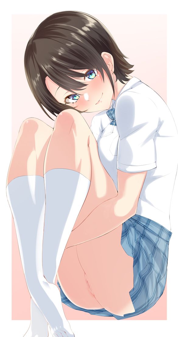 bangs black_hair blue_eyes blush bow censored cleft_of_venus female hololive hololive_gen_2 hololive_japan kneehighs looking_at_viewer mcp150_plus mosaic_censoring no_panties oozora_subaru pleated_skirt pussy school_uniform serafuku shirt short_hair short_sleeves skirt smile socks solo swept_bangs thighs virtual_youtuber