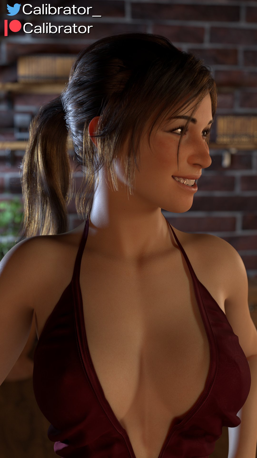 3d breasts brown_eyes brown_hair busty calibrator cleavage clothed_female clothing female female_focus female_only lara_croft lara_croft_(survivor) long_hair makeup smile solo tagme tomb_raider