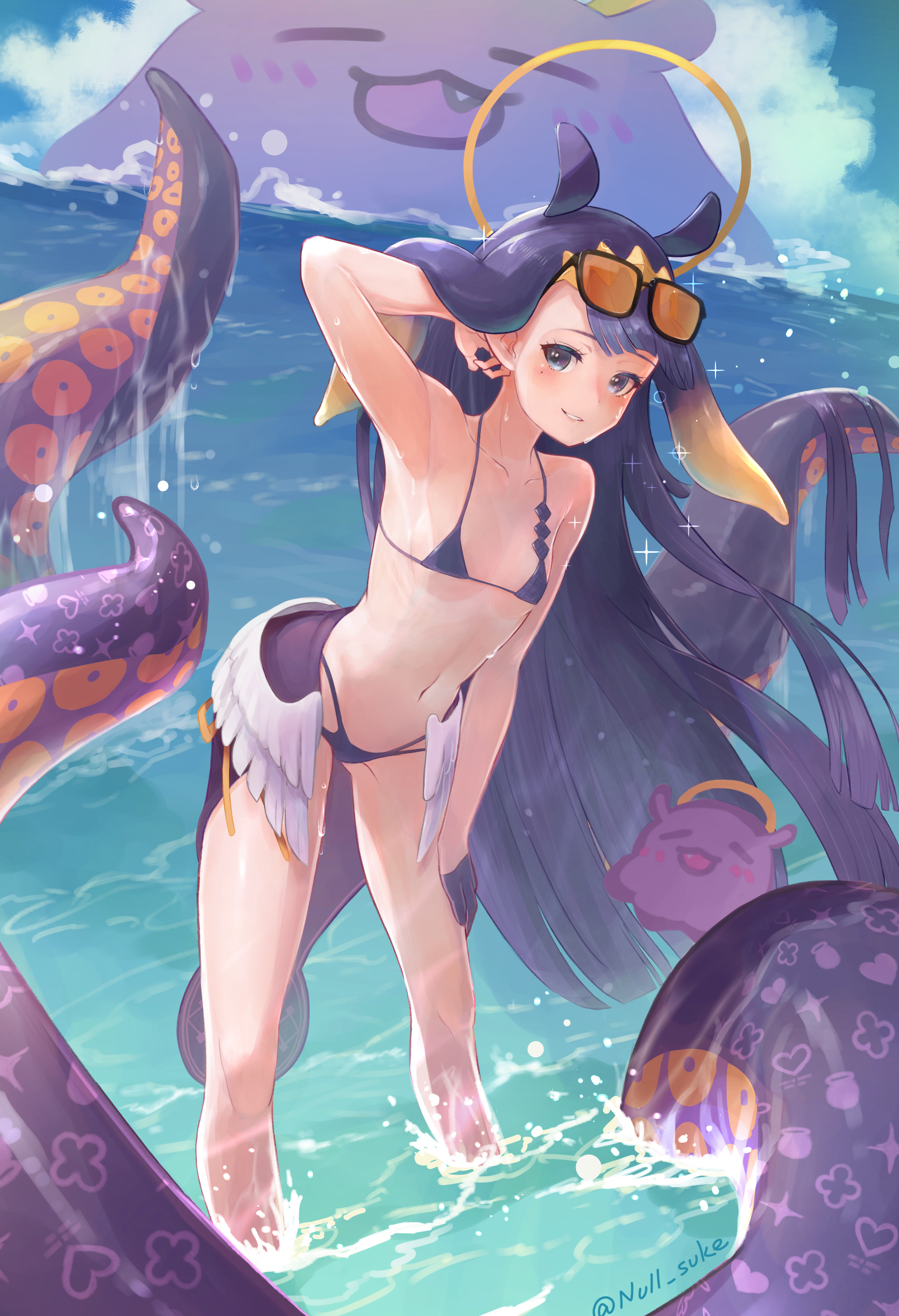 1girls, armpits, beach, belly, belly button, bikini, blush, blushing at viewer, breasts, collarbone, diadem, fan mascot (vtuber), female, female focus, female only, flat chest, flat chested, glasses, gloves, hololive, hololive english, hololive myth, light skin, light-skinned female, long hair, long legs, looking at viewer, low wings, mole, mole under eye, multicolored hair, ninomae ina'nis, null suke, orange hair, pale skin, pale-skinned female, purple bikini, purple eyes, purple hair, purple swimsuit, seaside, small breasts, sunglasses, sunglasses on head, swimsuit, tako (ninomae ina'nis), tentacle, tiara, very long hair, virtual youtuber, wet, wings