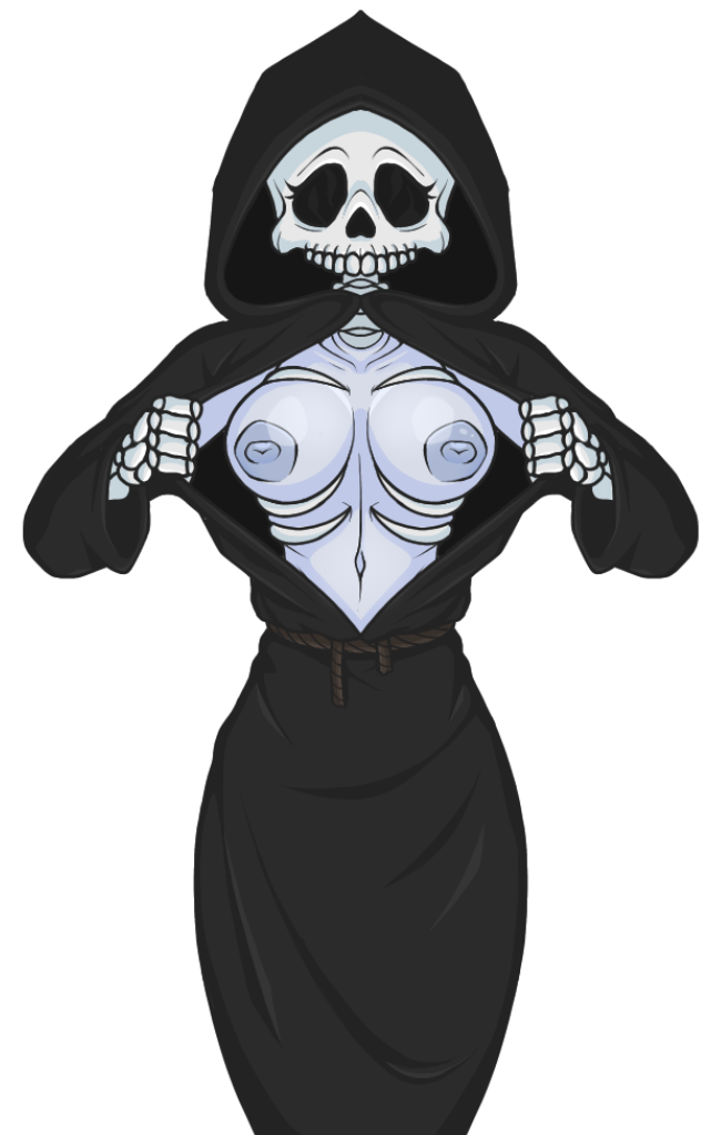 belly belly_button big_boobs big_breasts big_tits black_clothing blue_nipples blue_skin boobs breasts death_(personification) exposed_breasts exposing exposing_chest eyelashes female female_focus female_only gravity_breaker hollow hollow_eyes hood hood_up hooded_cloak inviting_to_sex looking_at_viewer midriff opening_shirt ribs rope shiny shiny_skin skeletal skeletal_hand skeleton skeleton_girl skin skull tits