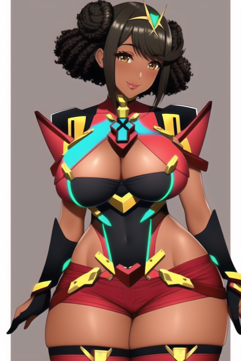 ai_generated alternate_skin_color armor black_hair black_skin blackened_pyra blackwashed cleavage core_crystal curly_hair dark-skinned_female dark_skin double_bun dreadlocks hair_bun hand_on_hip hip_vent hotpants large_breasts nai_diffusion pyra race_swap robofun short_shorts shorts shoulder_armor skindentation stable_diffusion thick_thighs thighhighs xenoblade_(series) xenoblade_chronicles_2