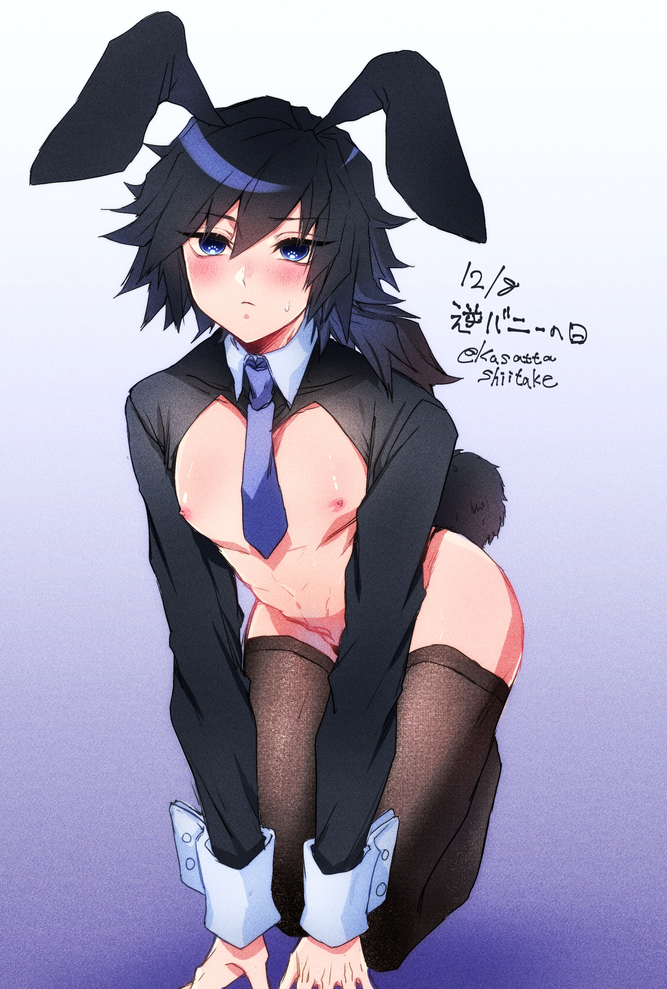 alternate costume, black hair, black legwear, black thighhighs, blue background, blue eyes, blush, bunny boy, bunny ears, bunny tail, demon slayer, embarrassed, gradient background, high-angle view, kimetsu no yaiba, kneeling, kusattashiitake, long hair, long-haired male, looking at viewer, male, male only, male playboy bunny, necktie, nervous, nylons, ponytail, reverse bunnysuit, shrug (clothing), sitting, solo, spiky hair, sweatdrop, thighhighs, tomioka giyuu, twink