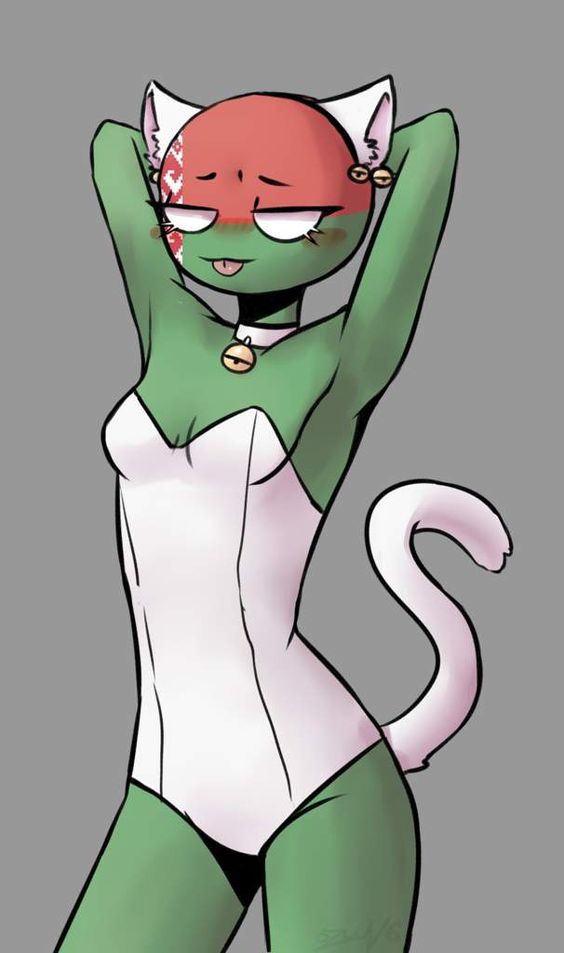 1girls animal_ears animal_tail belarus_(countryhumans) blush cat_ears cat_tail countryhumans countryhumans_girl female female_only gray_background green_body green_skin no_pupils simple_background small_breasts white_eyes