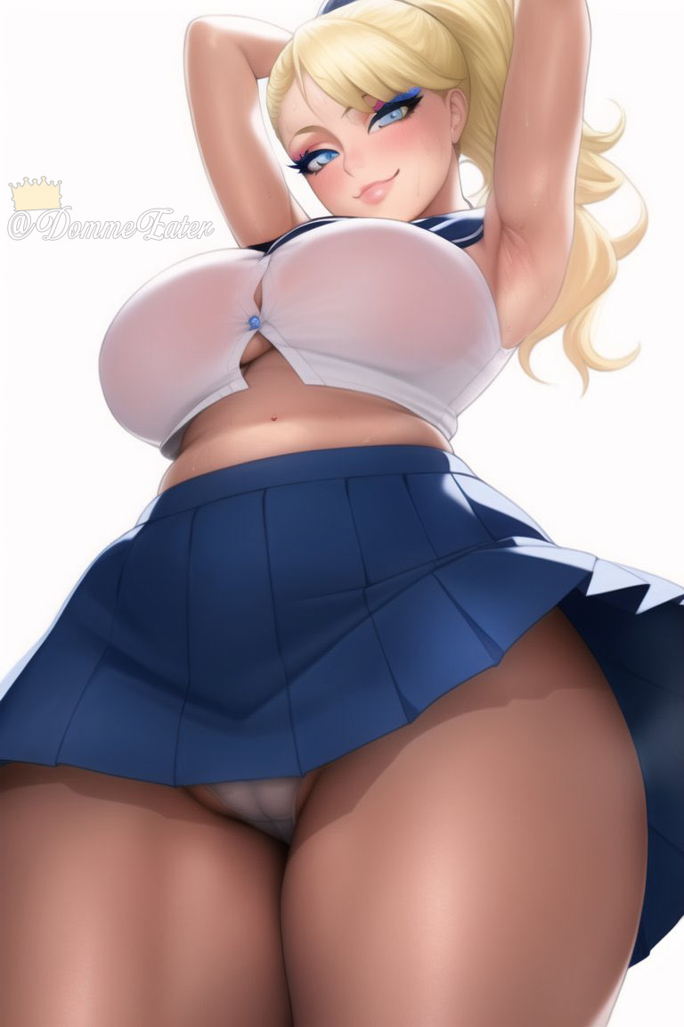 1girls ai_generated armpits arms_behind_head arms_up artist_self-insert ascot belly big_breasts big_thighs blonde_hair blue_eyes breasts bursting_breasts busty clothed clothed_female clothes clothing curvaceous curvy curvy_body curvy_female curvy_figure eyeliner eyeshadow female female_focus female_only grin huge_breasts large_breasts large_thighs legs light-skinned_female light_skin long_hair looking_at_viewer low-angle_view makeup midriff nai_diffusion navel panties ponytail queen_dee queen_dee_(character) school_uniform schoolgirl short_skirt skirt smile smiling smiling_at_viewer smirk smirking smug solo solo_female solo_focus stable_diffusion stomach sweat sweaty thick thick_thighs thighs underwear upskirt voluptuous