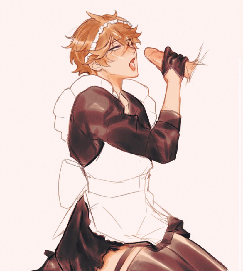 blowjob, childe (genshin impact), cum, cum in mouth, cum on face, cumshot, disembodied penis, facial, gay, genshin impact, ginger, handjob, high heels, kneeling, looking up, maid, maid apron, maid headdress, maid outfit, maid uniform, male, on knees, penis, tartaglia (genshin impact), tongue, tongue out, yaoi, zhongli (genshin impact)