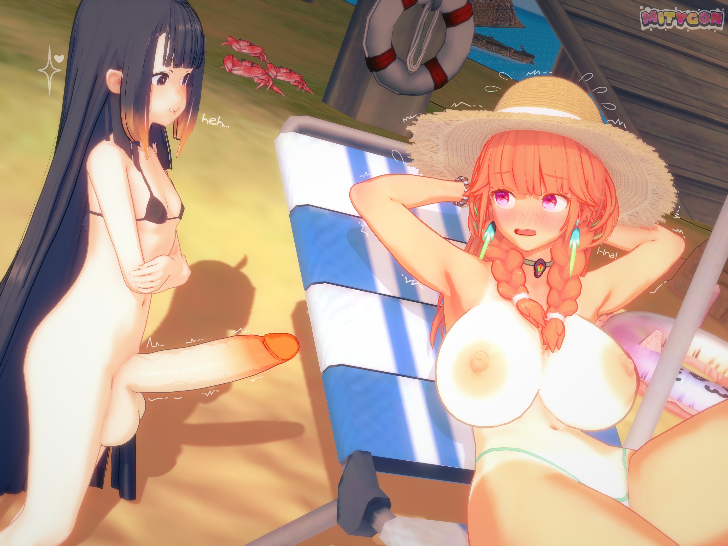 1futa, 1girls, 3d, 3d (artwork), arms crossed, black hair, blush, bottomless, braid, braided twintails, breasts, breasts out, female, futanari, hands behind head, hololive, hololive english, intersex, koikatsu, large breasts, mitygon, nervous, ninomae ina'nis, orange hair, penis, small breasts, smiling, tagme, takanashi kiara, takanashi kiara (2nd costume), text, throbbing, throbbing penis, topless, twintails, virtual youtuber