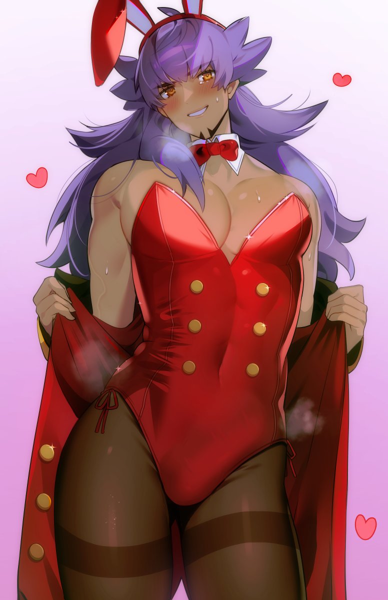 ambush (trap), blush, bulge, bunny ears, bunnysuit, dark skin, dark-skinned male, detached collar, gay, gay male, heart, leon (pokemon), long hair, looking at viewer, maemoooo, male, male only, neck ribbon, nintendo, orange eyes, pantyhose, pectorals, penis, penis bulge, pokemon, pokemon ss, purple hair, smiling, smiling at viewer, solo, teeth showing, v1boy, yaoi