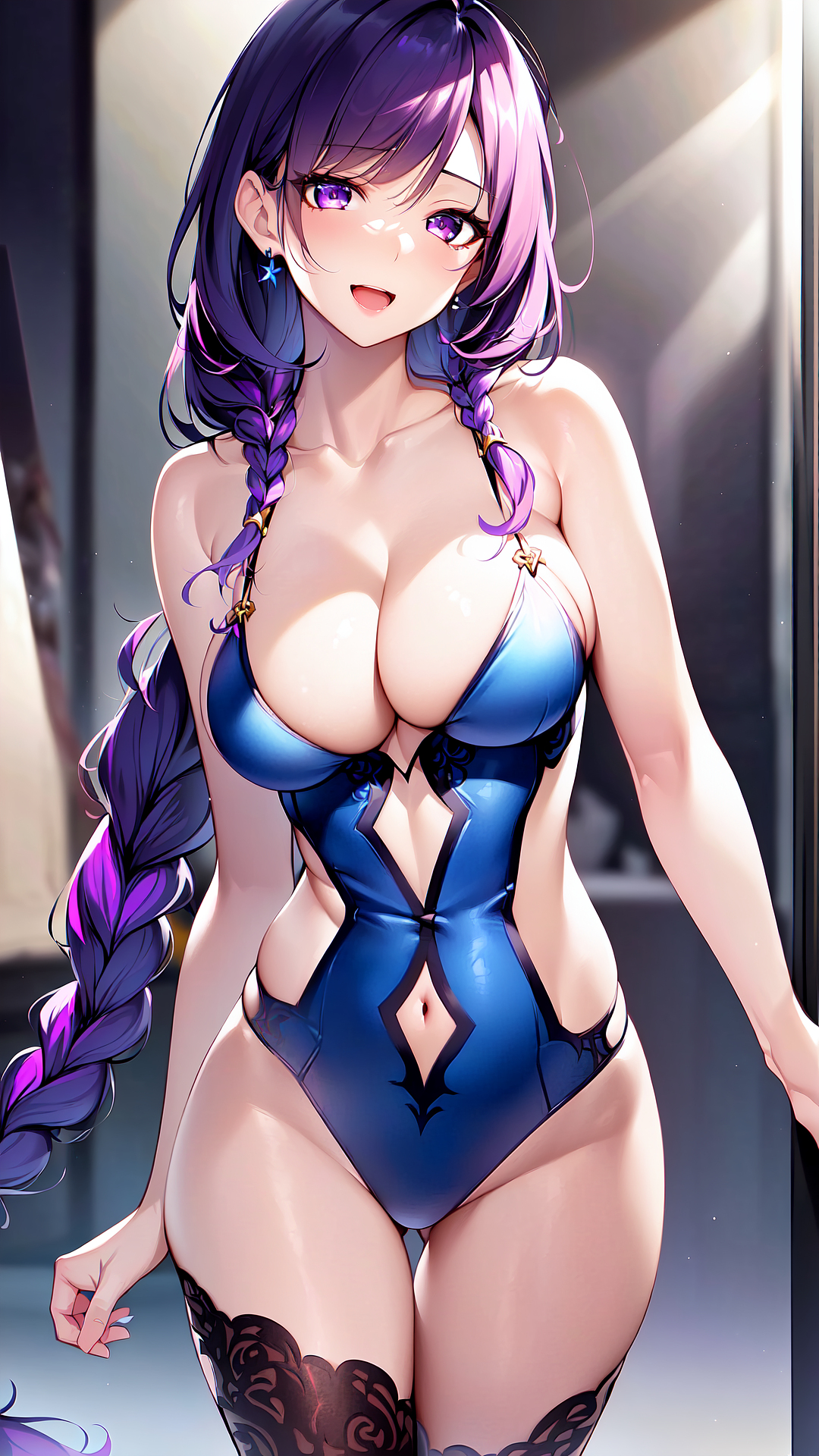 2023, ai generated, curvaceous, curvy body, curvy female, female, female focus, female only, genshin impact, hair braid, highres, latex, long hair, looking at viewer, mihoyo, purple eyes, purple hair, raiden shogun, seductive look, shiny clothes, stable diffusion, tight clothing, voluptuous female