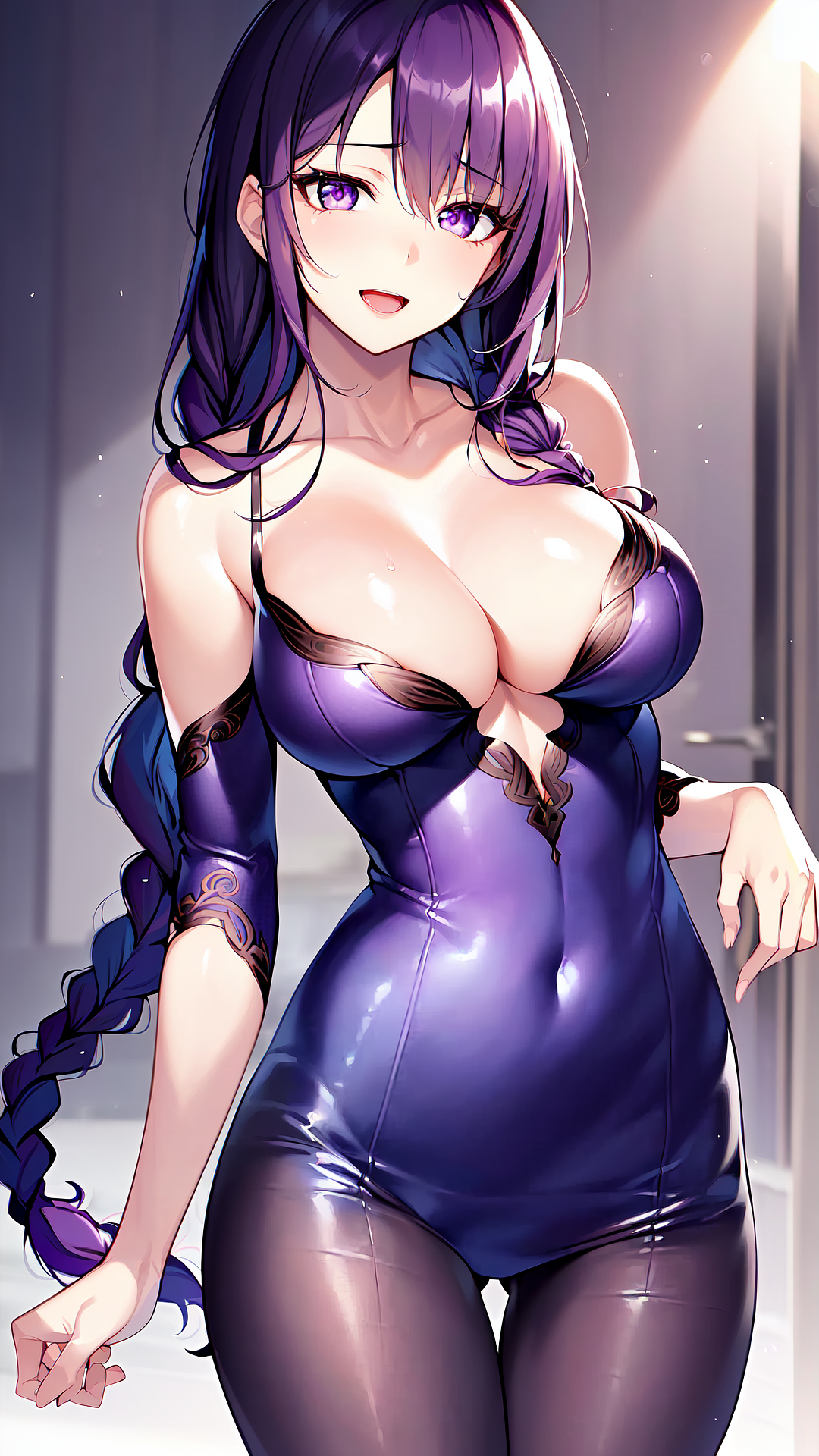 1girls, 2023, ai generated, big breasts, breasts, curvy body, curvy female, curvy figure, female, female focus, female only, genshin impact, hair braid, high resolution, highres, latex, long hair, mihoyo, purple eyes, purple hair, raiden shogun, seductive look, shiny clothes, stable diffusion, tagme, tight clothing