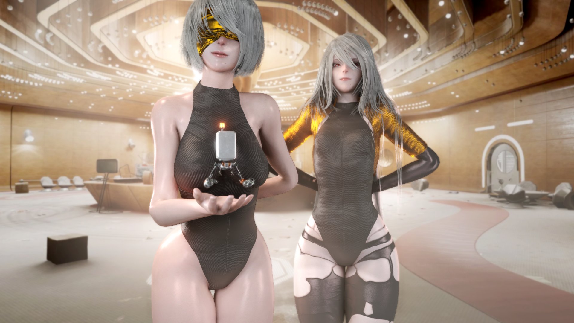 2girls, 3d, 3d (artwork), almightypatty, atomic heart, blindfold, crossover, female, female only, nier, nier (series), nier: automata, parody, pod (nier), the twins (atomic heart) (cosplay), thick thighs, thighhighs, white hair, yorha 2b, yorha a2