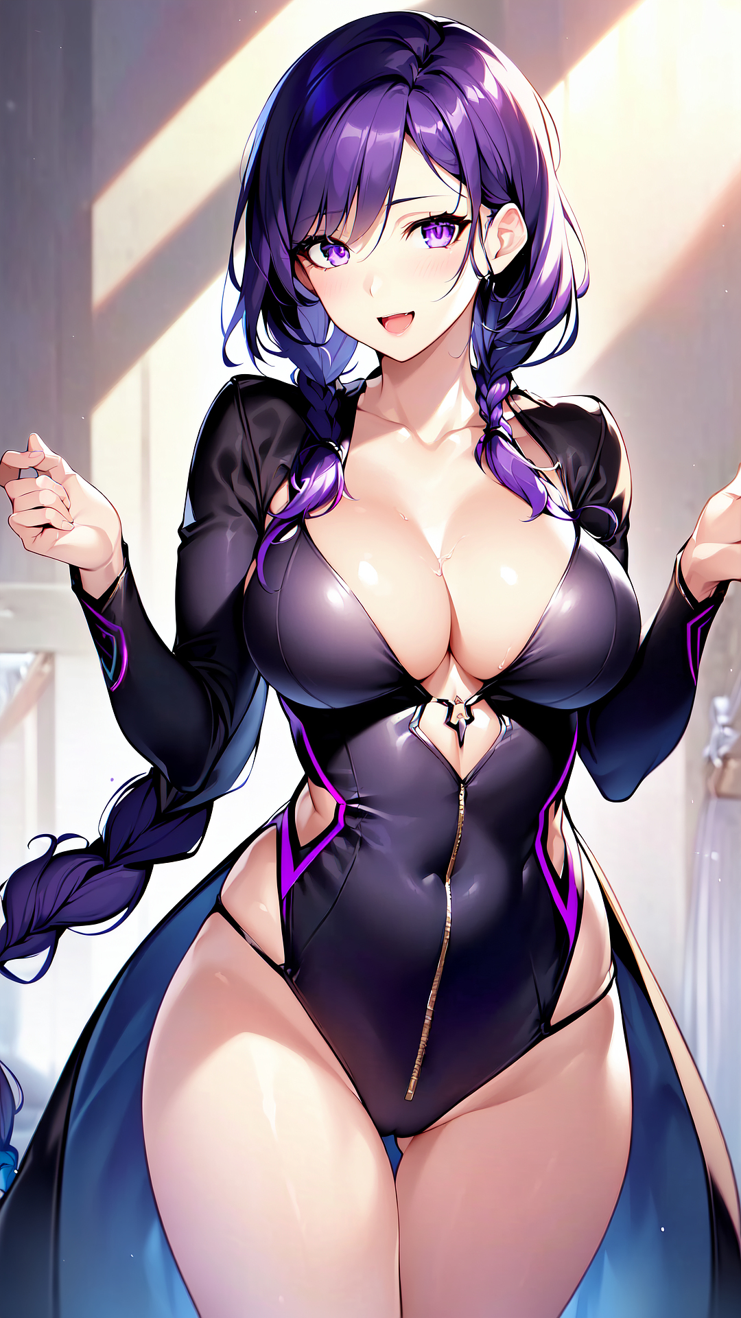 2020s, 2023, ai generated, curvaceous, curvy body, curvy female, female, female focus, female only, genshin impact, hair braid, high resolution, latex, long hair, mihoyo, purple eyes, purple hair, raiden shogun, shiny clothes, stable diffusion, tight clothing, voluptuous female