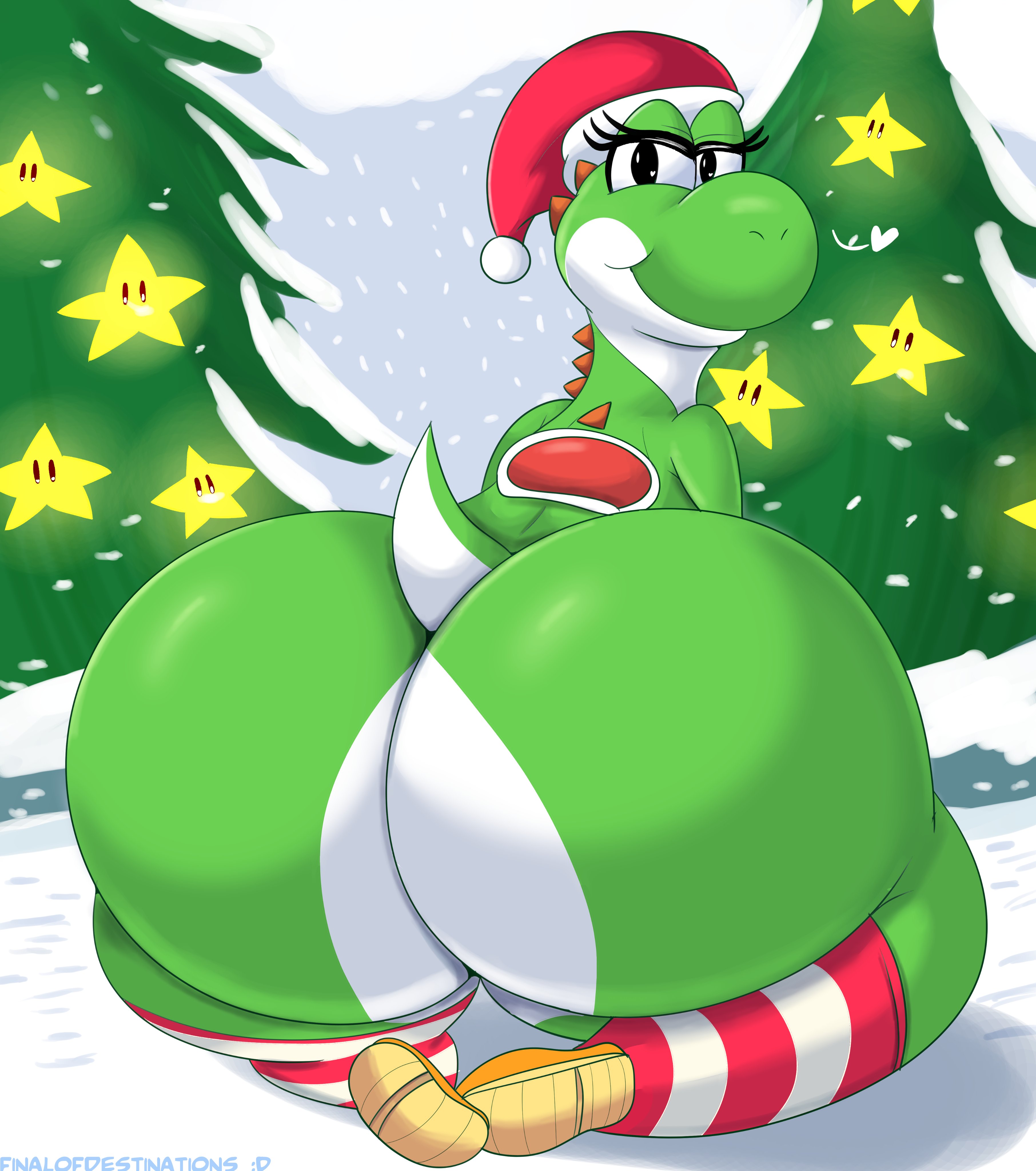 1girls, absurd res, anthro, ass, bedroom eyes, big ass, big butt, black eyes, christmas, christmas clothing, christmas headwear, clothing, dinosaur, eyelashes, female, female only, finalofdestinations, footwear, green yoshi, hat, headgear, headwear, hi res, holidays, huge ass, huge butt, knee highs, knee socks, kneeling, legwear, mario (series), multicolored body, narrowed eyes, nintendo, outdoors, plant, reptile, santa hat, scalie, seductive, shoes, smile, snow, socks, solo, star, super mario bros., thick thighs, tree, two-tone body, wide hips, yoshi