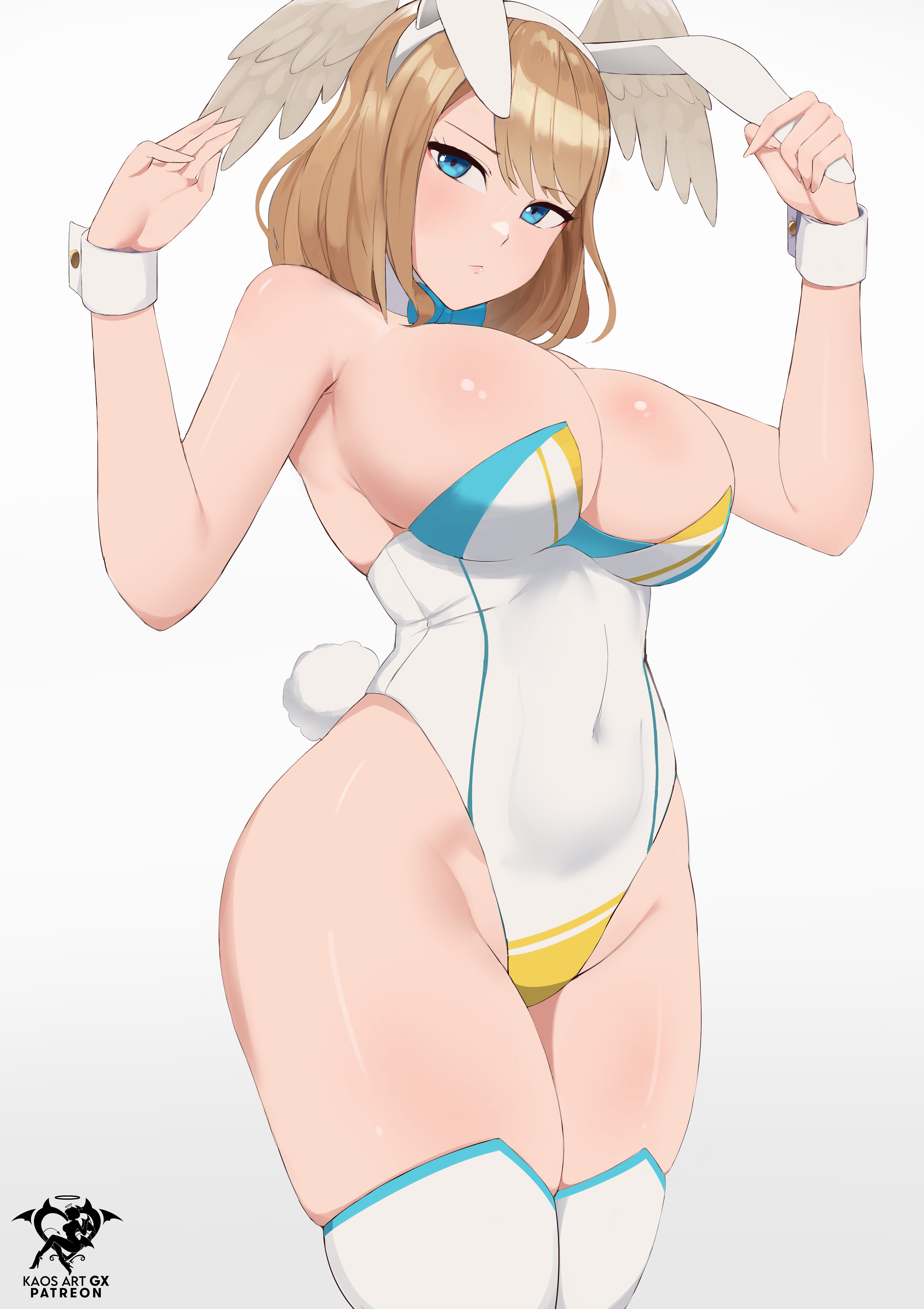 1girls, angel wings, blue eyes, blue neckwear, blush, breasts, brown hair, bunny ears, bunny girl, bunnysuit, choker, cleavage, cuff links, cuffs, eunie (xenoblade), female, head wings, huge breasts, kaos art, latex, light skin, light-skinned female, medium hair, nintendo, overflowing breasts, questioning, short hair, simple background, thick thighs, thighhighs, tight clothing, unsure, wings, xenoblade (series), xenoblade chronicles 3