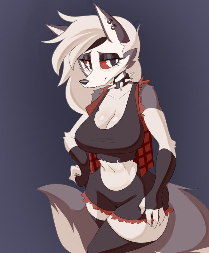 1girls anthro breasts cooliehigh earrings embarrassed female fingerless_gloves furry furry_female helluva_boss long_hair looking_at_another looking_at_viewer loona_(helluva_boss) smile smiling wolf wolf_ears wolf_girl wolf_tail
