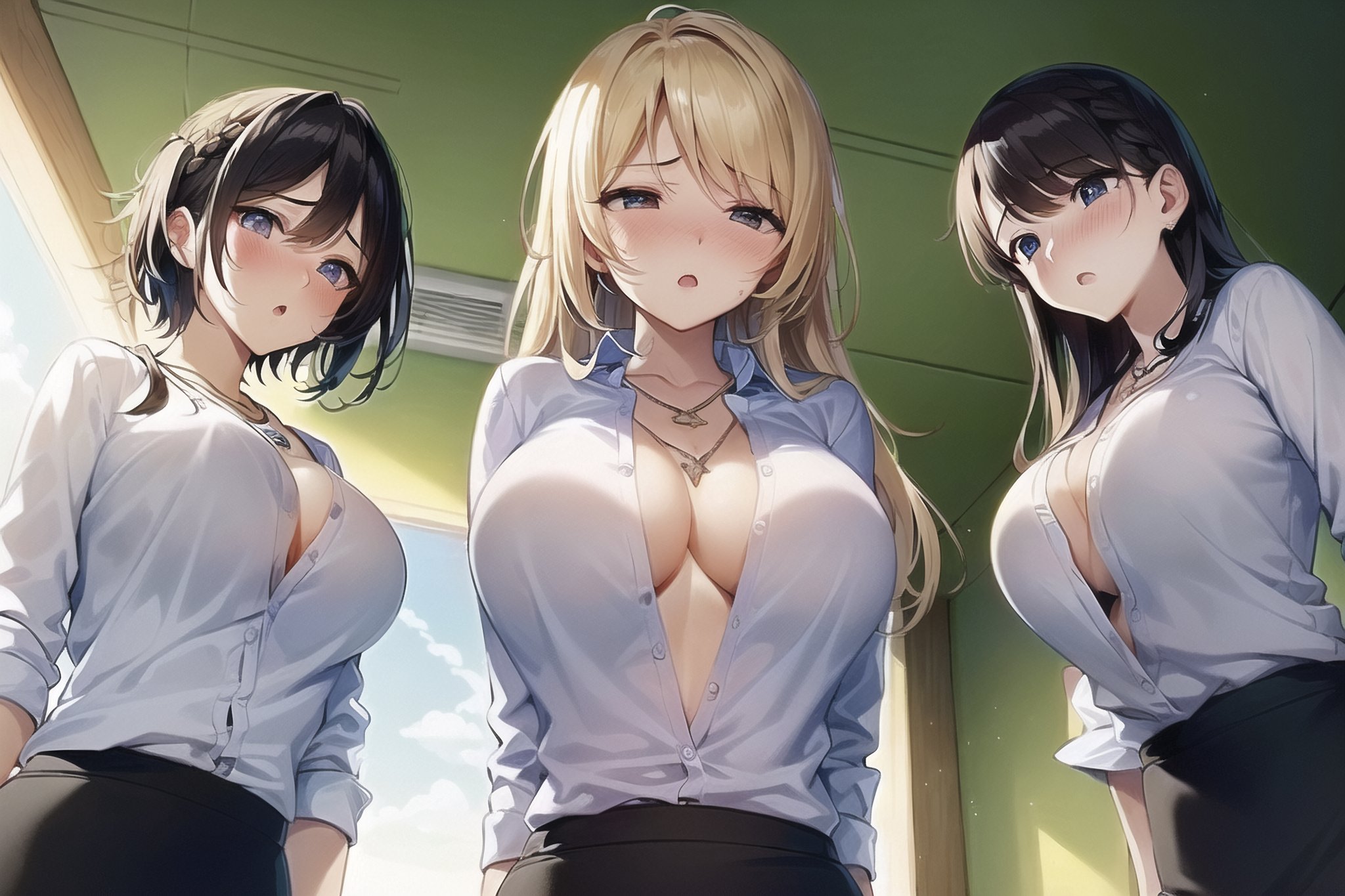 2023, 3girls, ai generated, black hair, blonde hair, curvy body, curvy female, curvy figure, female, female only, high resolution, highres, long hair, looking at viewer, school uniform, schoolgirl, seductive look, short hair, stable diffusion, voluptuous, voluptuous female