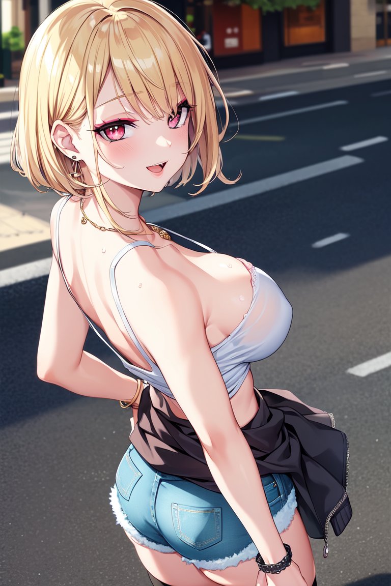 2023, ai generated, big breasts, blonde hair, bracelet, breasts, curvy body, curvy figure, denim shorts, earrings, eyeshadow, female, female focus, female only, hi res, high resolution, hoodie, necklace, nipple bulge, nipples visible through clothing, pink eyes, seductive look, short hair, stable diffusion, sweater around waist, voluptuous female