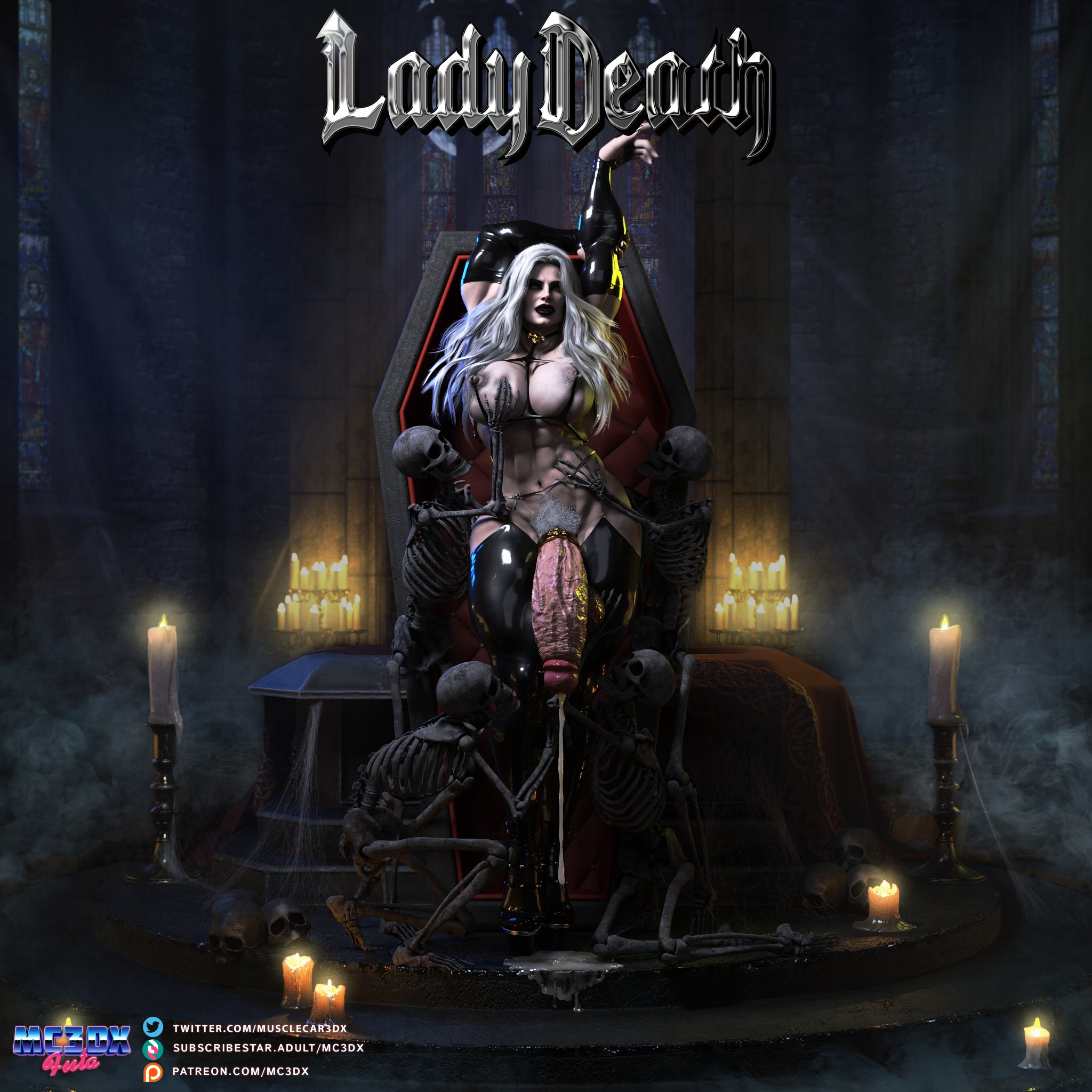 3d, abs, black lipstick, breasts, candles, coffin, erect nipples, futa pubic hair, futanari, hi res, intersex, lady death, large breasts, large penis, latex, latex armwear, latex legwear, leaking cum, leaking precum, musclecar, muscular, muscular futa, nipples, penis, pubic hair, sensual, silver hair, skeleton, veiny penis
