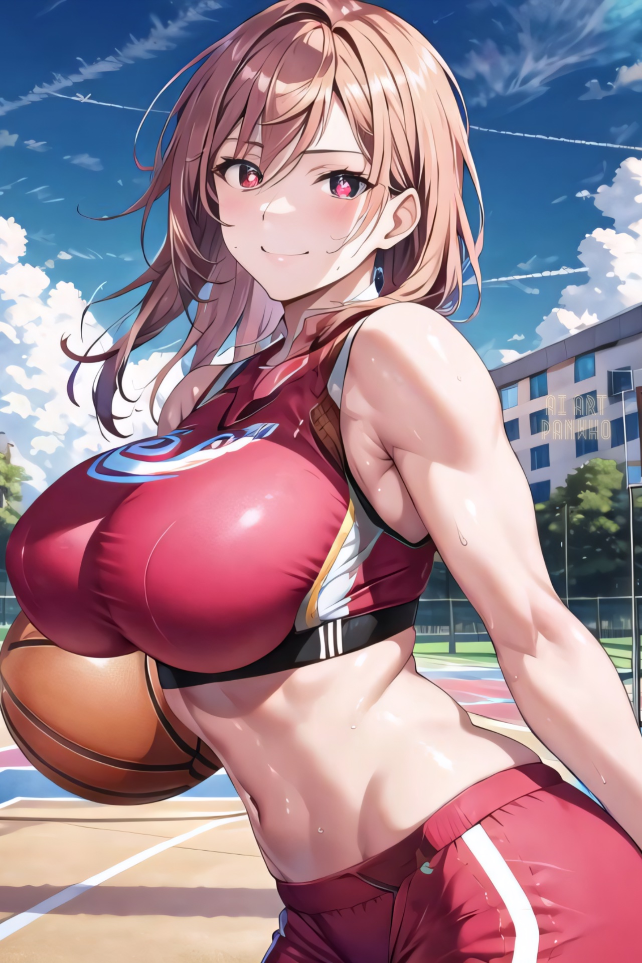 1girls, ai art panwho, ai generated, armpits, basketball, breasts, brown hair, female, gym uniform, huge breasts, large breasts, medium hair, navel, original, original character, outdoors, red eyes, sleeveless, smile, sports bra, sportswear, stable diffusion