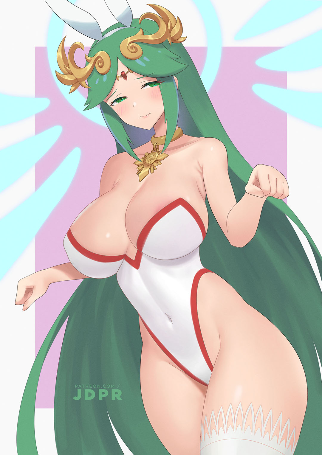 blush breasts bunny_ears bunnysuit female female_only green_eyes green_hair jdpr kid_icarus long_hair nintendo palutena slutty_outfit solo