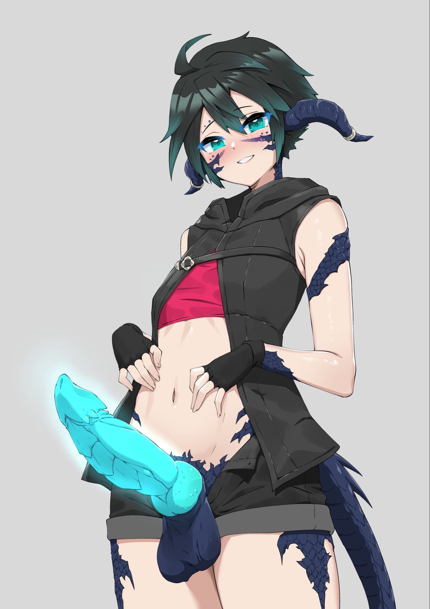 1futa, animal genitalia, aqua eyes, aqua hair, au ra, balls, black hair, dragon girl, dragon horns, dragon tail, facial mark, female, final fantasy, final fantasy xiv, fingerless gloves, futanari, gloves, glowing, highres, horn ring, horns, intersex, jewelry, midriff, navel, open clothes, open fly, open shorts, oppaihobby, penis, ring, scales, short hair, short shorts, shorts, simple background, smile, solo, tail, testicles, two-tone hair, unbuttoned