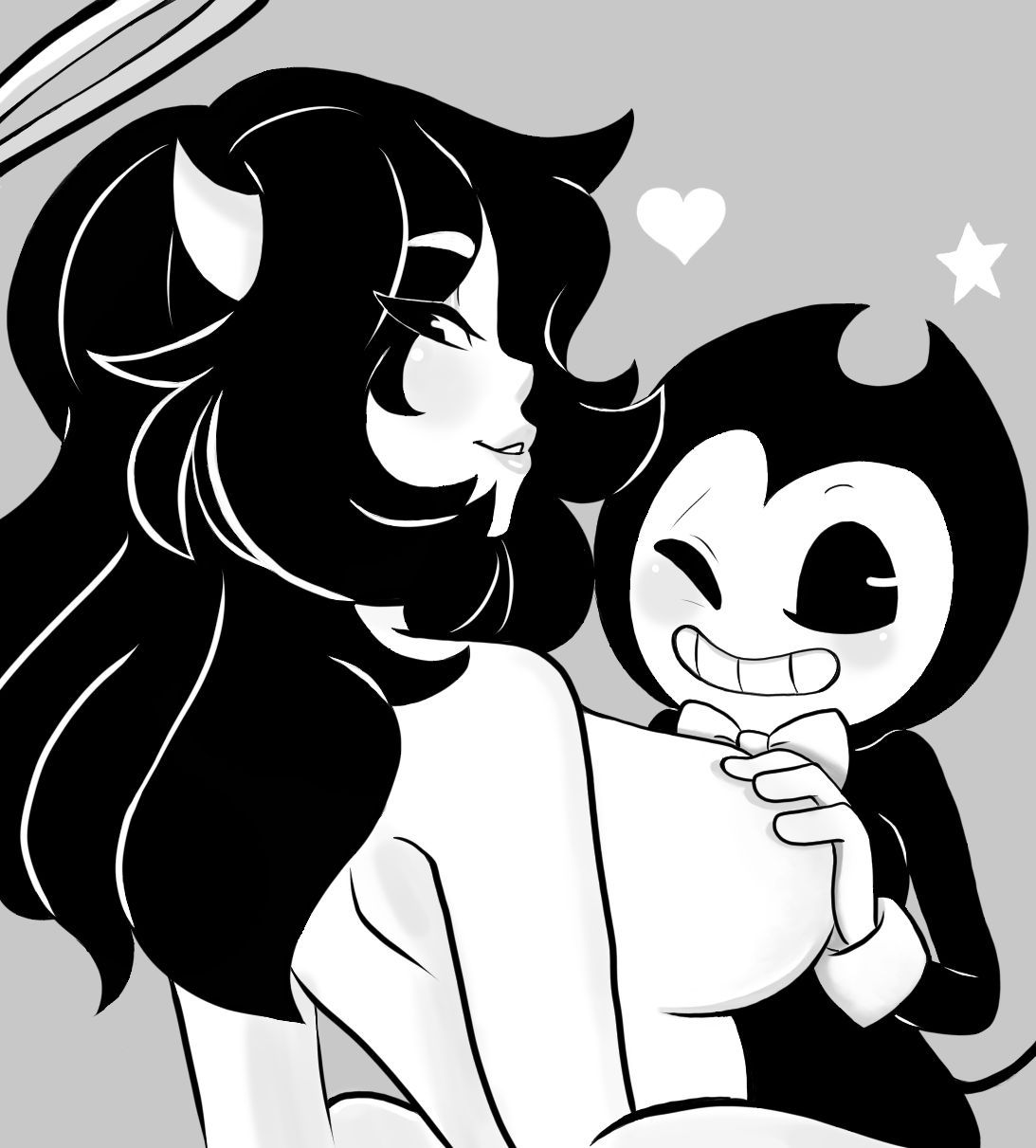 1boy, 1girls, alice angel, angel, anthro, artist request, bendy, bendy and the ink machine, big breasts, black hair, breasts, couple, demon, demon boy, demon girl, demon horns, female, grin, grinning, halo, hand on breast, heart, horns, long hair, male, smile, smiling, star, straight, white skin