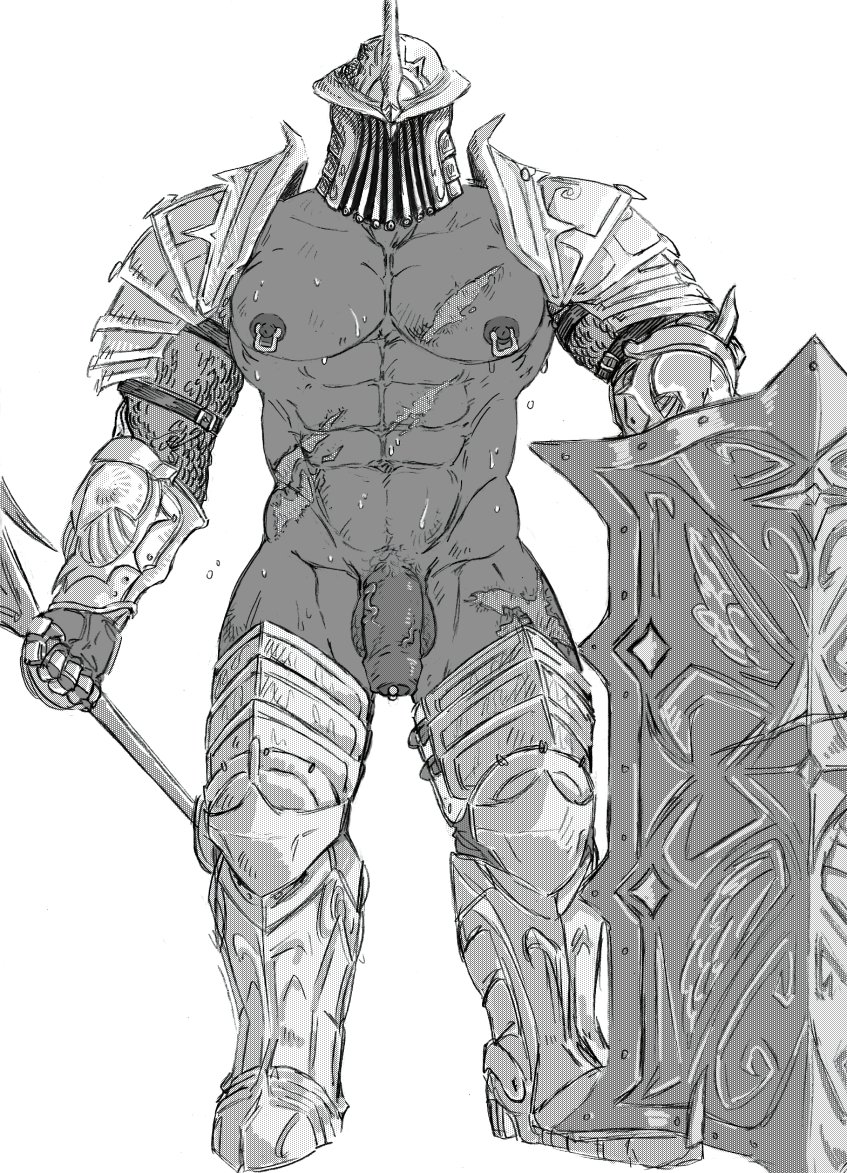 armor big_pecs big_penis dark-skinned_male dark_skin demon's_souls flaccid fromsoftware full_body functionally_nude gauntlets greaves hamfoot1 helmet knight male male_only monochrome muscular muscular_male nipple_piercing nipple_rings pauldrons penis scars shield solo sweat thick_penis tower_knight uncensored uncut unretracted_foreskin veiny_penis weapon