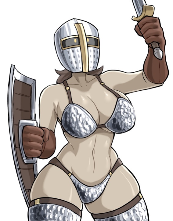 1girls armor big_breasts bikini brown_hair chainmail chainmail_bikini chainmail_bra crusader female female_knight female_only greathelm helm helmet hourglass_figure human knight kyurby_(zzzhodazzz) shield solo sword thin_waist vertical_navel wide_hips yellow_eyes zzzhodazzz