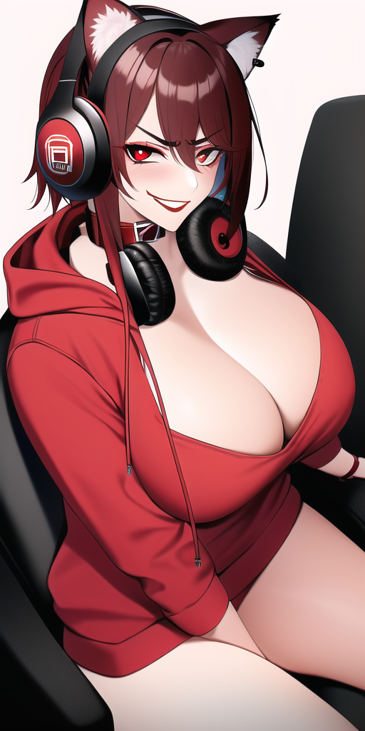 1girls ai_generated bare_legs cat_ears cat_ears_headphones cleavage cleavage_window collar dog_collar ear_tuft egirl gamer_girl headphones headphones_around_neck headphones_on_head hoodie hoodie_only no_pants novel_ai novelai original_character red_collar red_eyes red_hair red_hair_female red_hoodie red_lips red_lipstick short_red_hair smirk smirking smirking_at_viewer stable_diffusion wolf_ears wolfiegirl_redxoxo