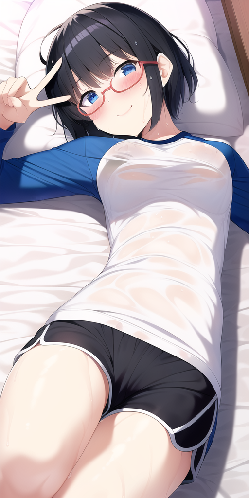 1girl 1girls 2020s 2023 affection after_sex ai_generated bed bedroom black_hair blue_eyes blush dolphin_shorts eyebrows_visible_through_hair female glasses gym_shirt gym_uniform human indoors laying_down laying_on_back laying_on_bed legs_together light-skinned_female light_skin long_sleeves love manga medium_hair messy_hair moderate_tomboy multicolored_bottomwear nai_diffusion on_bed peace_sign pillow raglan_sleeves see-through see-through_clothing see-through_top semi-rimless_eyewear shiny_hair shiny_skin short_hair short_hair_female shorts side_slit smile smiling solo solo_female stable_diffusion sweat sweating sweaty teenage_girl teenager tomboy two_tone_topwear two_tone_topwear_(blueandwhite)