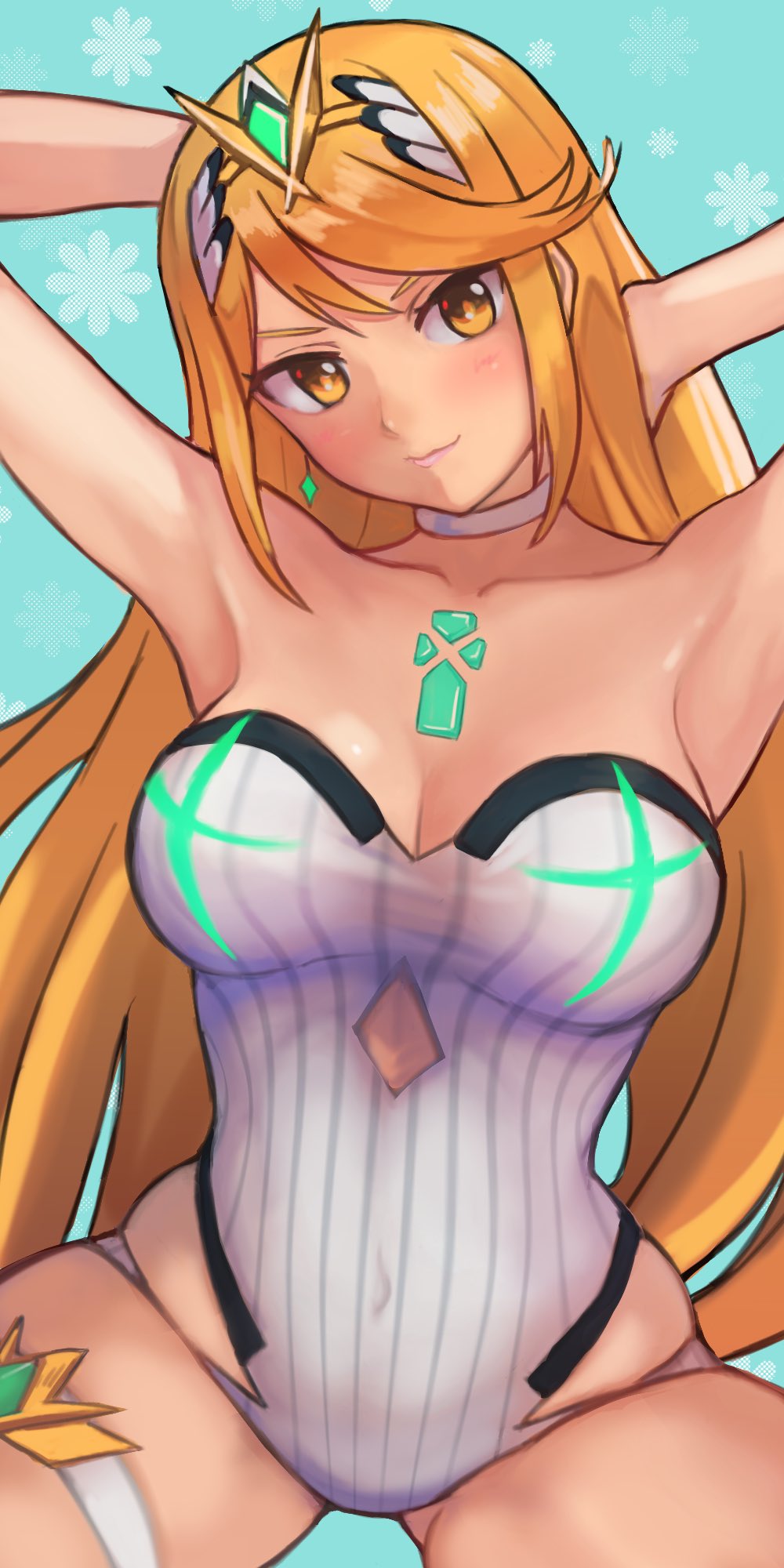 bathing_suit breasts core_crystal female female_only fully_clothed looking_at_viewer mythra nintendo r123 solo swimsuit tagme thick_thighs wide_hips xenoblade_(series) xenoblade_chronicles_2