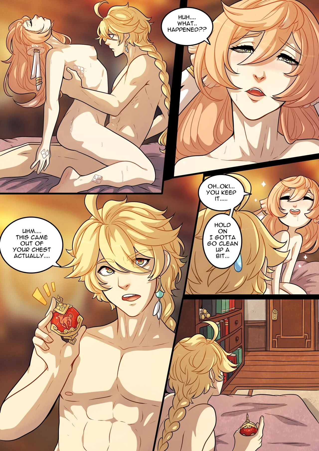 1boy, 1girls, aether (genshin impact), ass, bed, blonde hair, breasts, chest jewel, chibi, closed eyes, comic, cowgirl position, english text, female, genshin impact, kinkymation, male, nipples, nude, pink hair, sex, small breasts, yanfei (genshin impact)