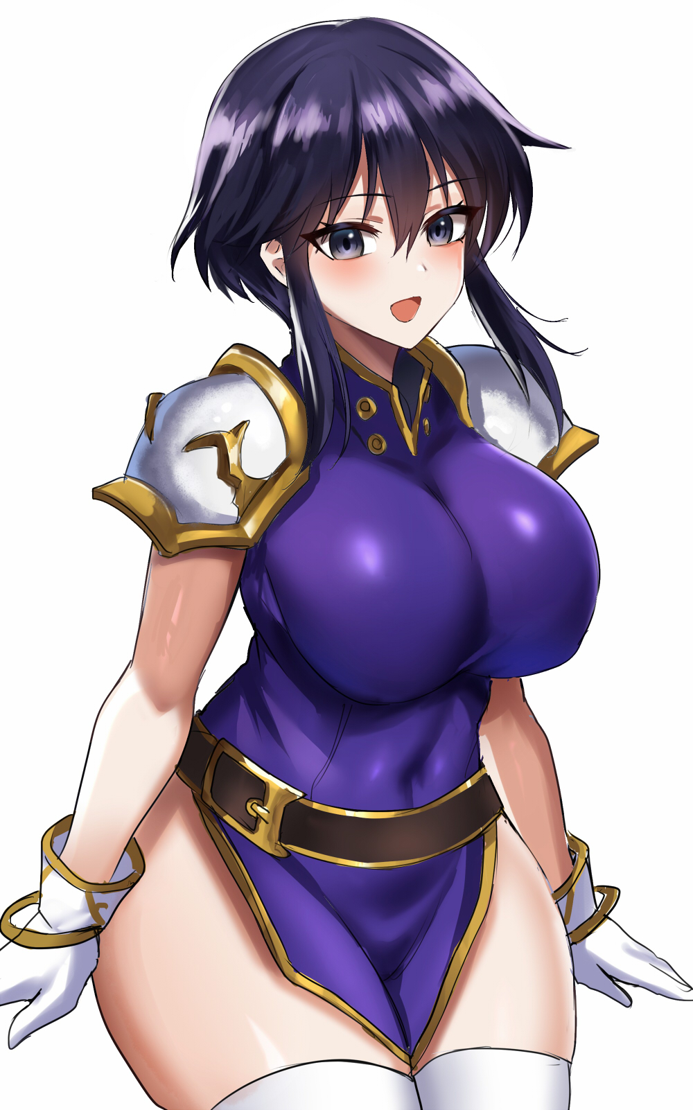 1girls, 4chan, artist request, bare thighs, black hair, blush, breasts, covered navel, curvy, drawfag, female, female only, fire emblem, fire emblem: genealogy of the holy war, gloves, highres, larcei (fire emblem), large breasts, looking at viewer, navel, nintendo, open mouth, short hair, skirt, smile, solo, source request, thick thighs, thighhighs, thighs, white background