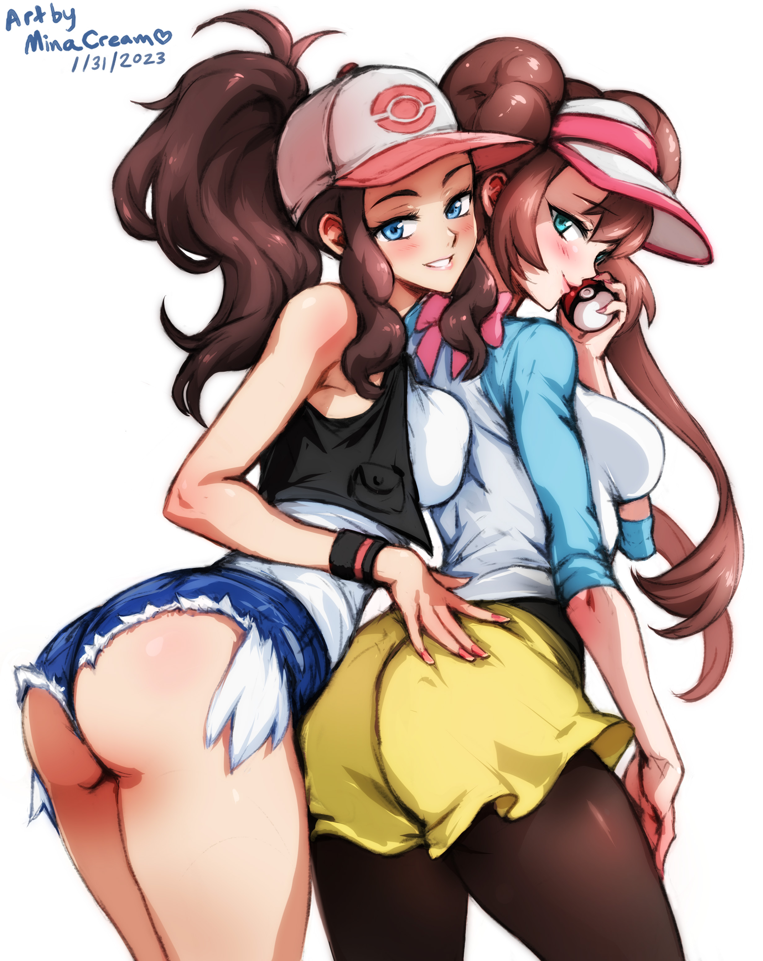2girls, ass, ass hanging out of shorts, bare shoulders, big ass, big breasts, black legwear, black pantyhose, blue eyes, blush, breasts, brown hair, brown-haired female, cap, chest, clothed, female, female only, hand on ass, hat, highres, hilda (pokemon), hotpants, jean shorts, large breasts, legs, legwear, light skin, light-skinned female, long hair, looking at viewer, looking back, minacream, nail polish, nails, pantyhose, pokeball, pokemon, pokemon bw, pokemon bw2, ponytail, rosa (pokemon), seductive, seductive look, seductive smile, shorts, sleeveless, smile, standing, t-shirt, thick thighs, thighs, twintails, very long hair, vest, white background, yuri