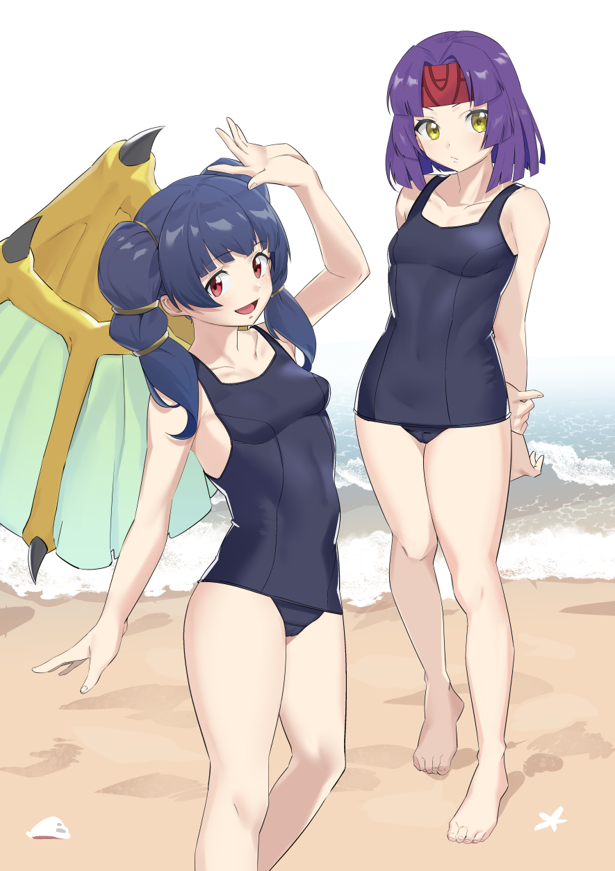 2girls alternate_costume alternate_hairstyle bare_legs beach blue_eyes blue_one-piece_swimsuit blue_swimsuit breasts female female_only fire_emblem fire_emblem:_radiant_dawn fire_emblem:_the_sacred_stones headband legs looking_at_viewer makino_harumaki medium_hair multiple_girls myrrh_(fire_emblem) nintendo ocean one-piece_swimsuit open_mouth outdoors purple_hair red_eyes sanaki_kirsch_altina short_hair small_breasts smile swimsuit twintails water waving waving_at_viewer wings yellow_eyes