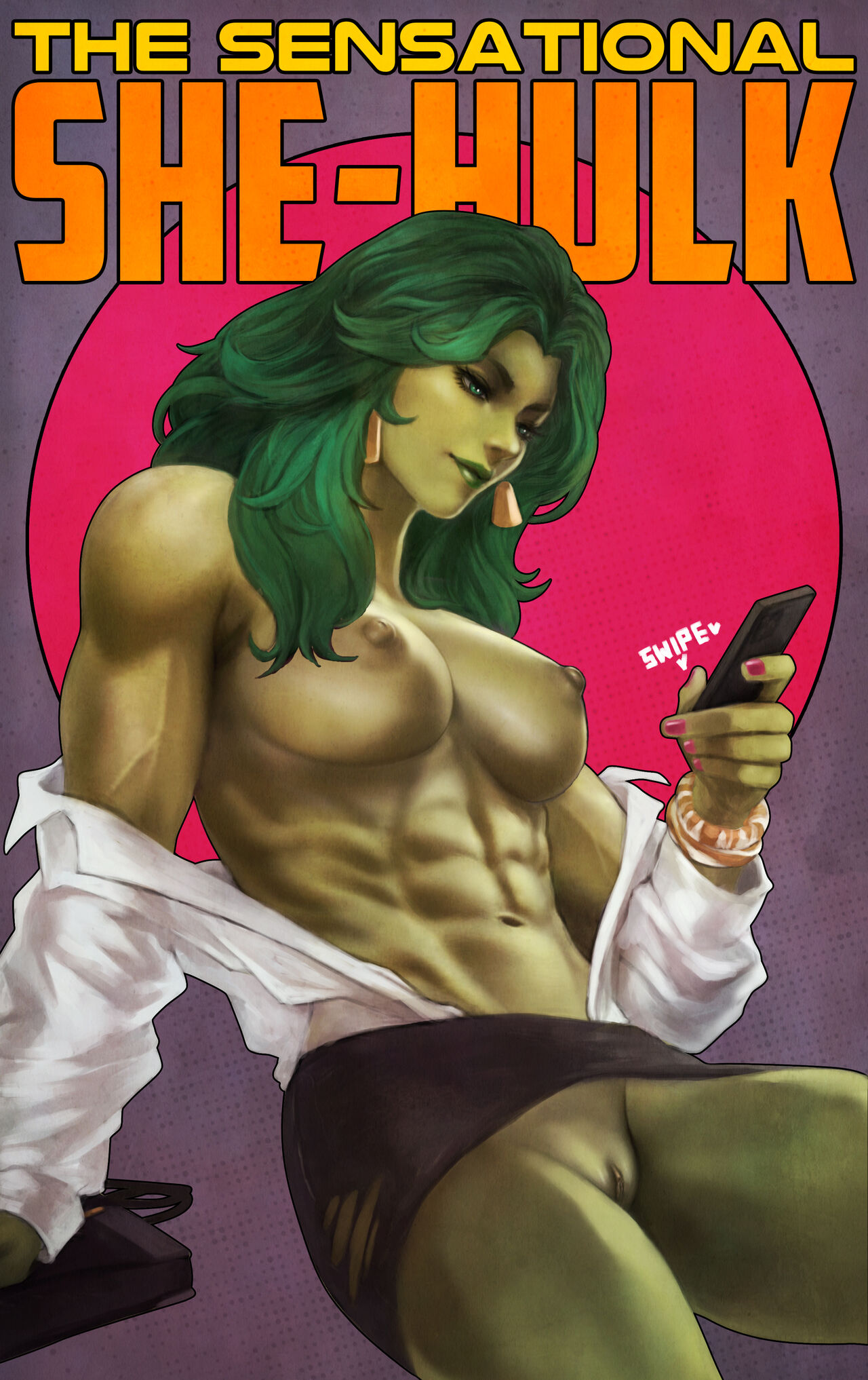 1girls abs areola areolae bag big_breasts bracelet breasts business_suit casual casual_exposure cellphone colored_skin dangle_earrings earrings english_text exposed_breasts female female_only green_body green_eyes green_hair green_lips green_skin handbag hulk_(series) invisible_chair marvel marvel_comics miniskirt monorirogue muscular muscular_female nipples no_bra no_panties off_shoulder office_clothing open_clothes open_shirt painted_nails phone pink_nails pussy she-hulk sitting skirt smartphone smile solo text thighs torn_clothes torn_skirt veins veiny_arms veiny_muscles