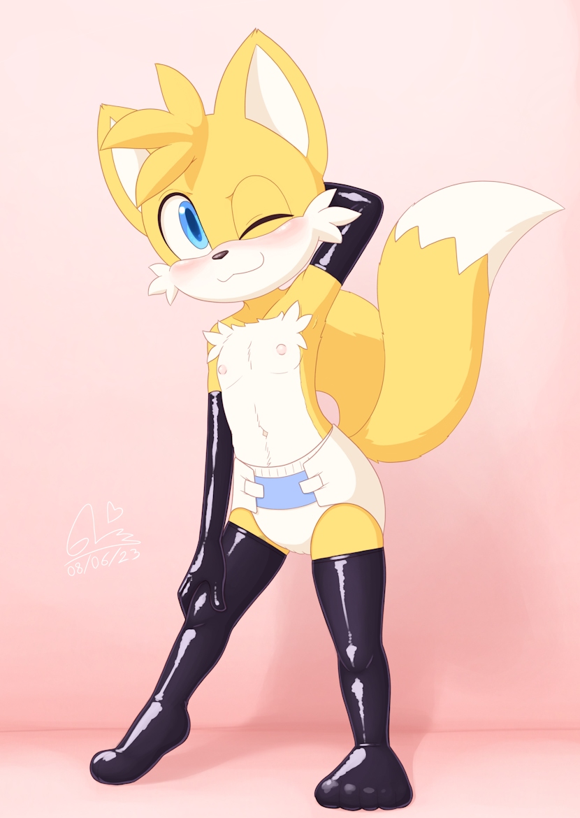 diaper diaper_only gatomonlover latex latex_gloves latex_thighhighs male miles_prower pinup sega sonic_(series) sonic_the_hedgehog_(series) tails