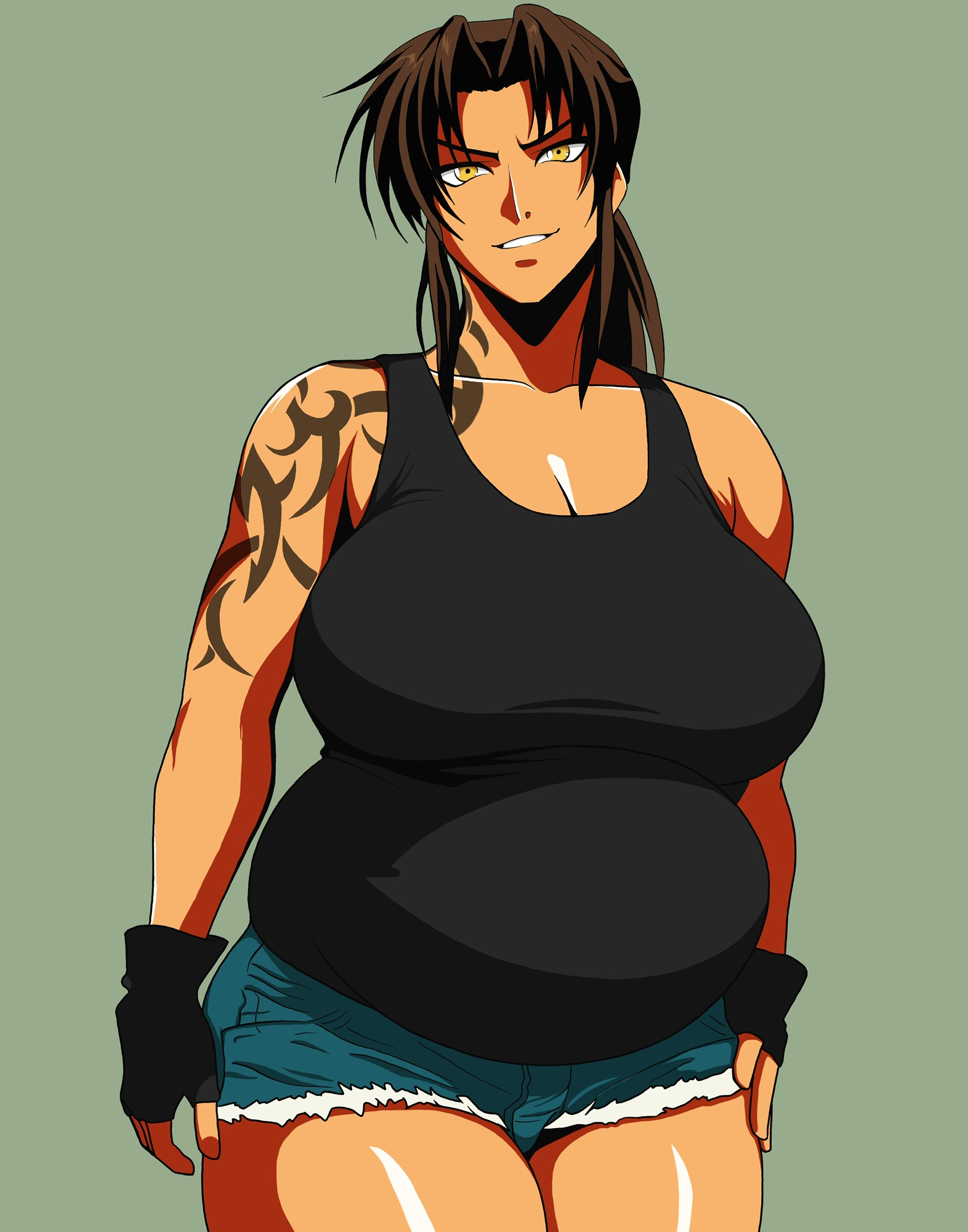 1girls, arm tattoo, belly, big belly, black lagoon, brown hair, chubby, chubby female, clothed, clothing, denim shorts, female, female only, fingerless gloves, fungus-man, gloves, long hair, looking at viewer, ponytail, pregnant, revy, self upload, short shorts, smile, smiling, smirk, solo, solo female, standing, tagme, tan skin, tank top, tattoo, thick, thick thighs, yellow eyes